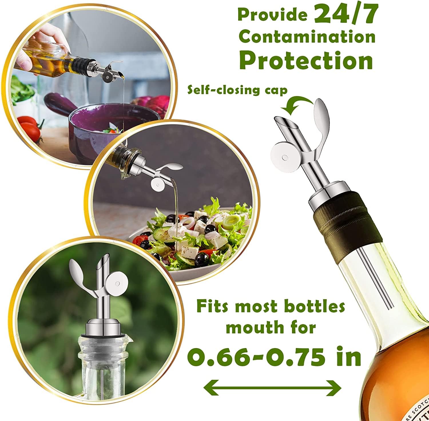 WAFJAMF 2 Pcs Weighted Stainless Steel Bottle Pourers, Self Closing Olive Oil Dispenser Spout - Image 3