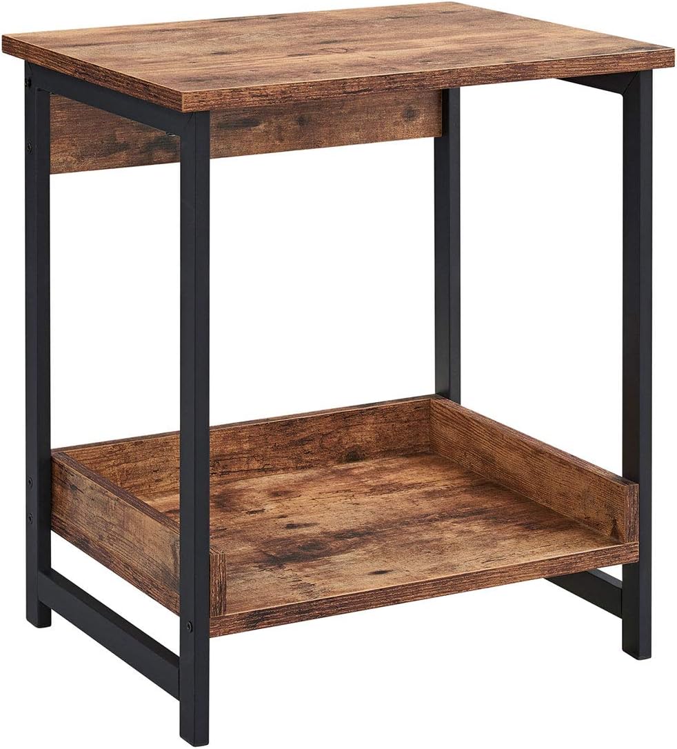 Amoak 2-Tier End Table for Living Room, Home End Table, Industrial Side Table with Storage Shelf, Vintage Style Wooden Board, Stable Metal Frame, Rustic Brown