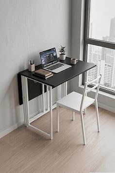 Workcomo Katlanır Çalışma Masası Yemek Masası Mutfak Masası Balkon Masası, Beyaz - Siyah