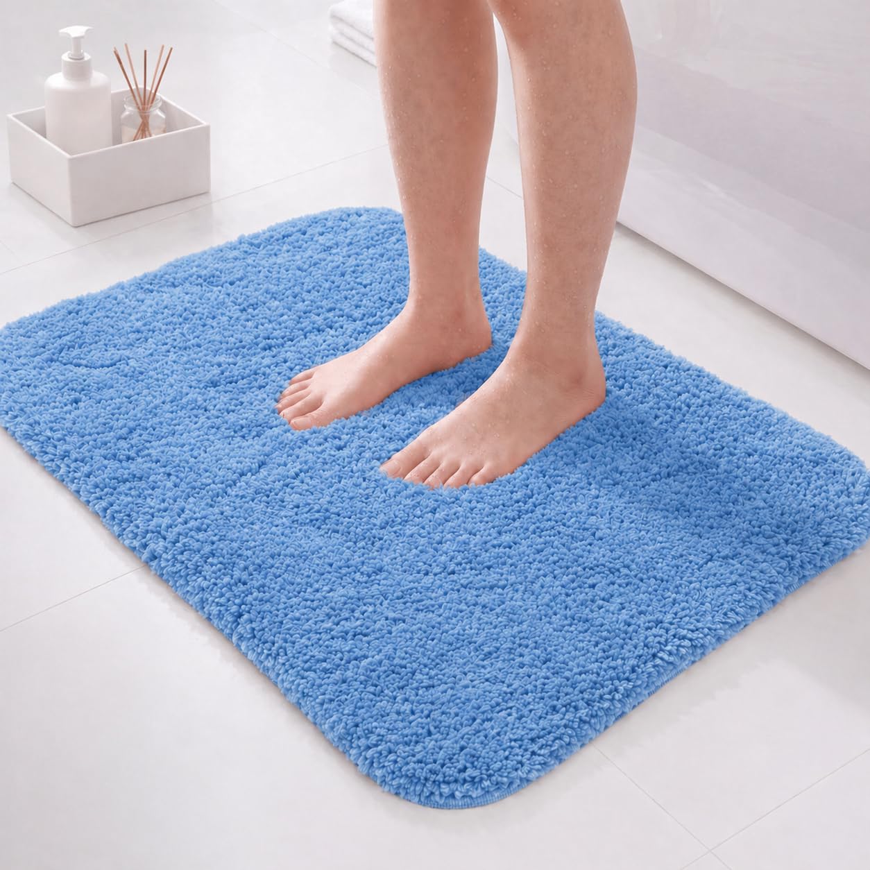 PUFFMAT Microfibre Bath Mat 60 x 40 cm Blue, Absorbent Bathroom Rug with Soft Plush Pile and TPR Backing, Machine Washable Compact Bathroom Mat for Shower, Bathtub, Toilet and Guest Bathroom โ image 1