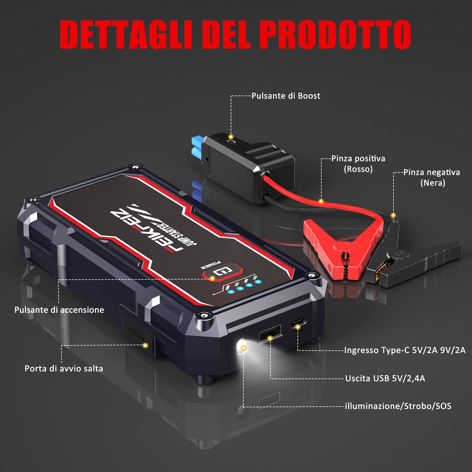 FEIKFEIZ Avviatore Batteria Auto, 6000A 26800mAh Avviatore Emergenza per Auto (Adatto a Tutti i Veicoli a Benzina o 8,0L Diesel), Avviatore di Emergenza, Jump Starter, con di Uscita USB, Luce LED