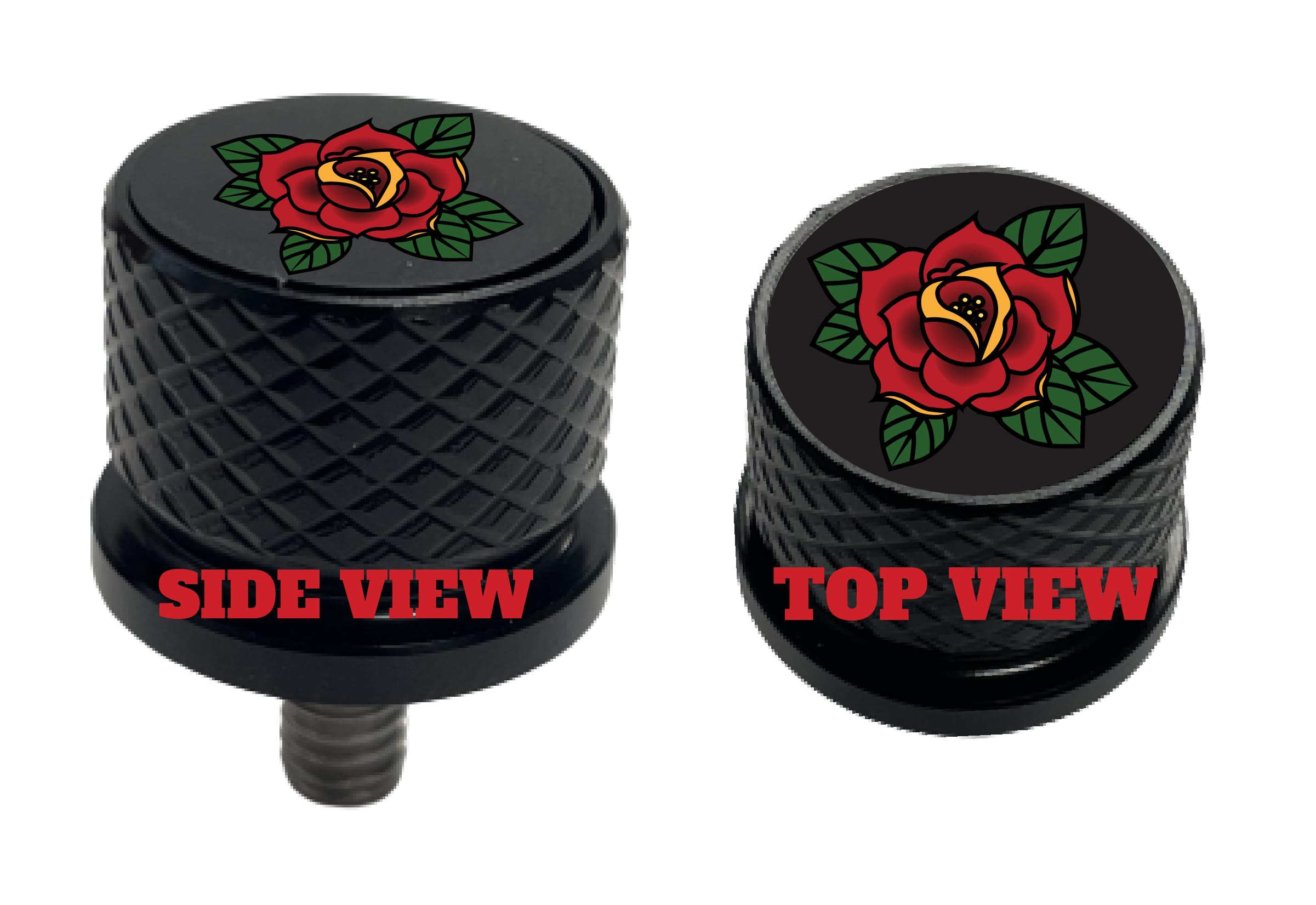 Red Rose Large Knurled Aluminum Rear 1/4-20 Black Seat Bolt Fits Harley Davidson 1996-2024+. Custom Made in The USA