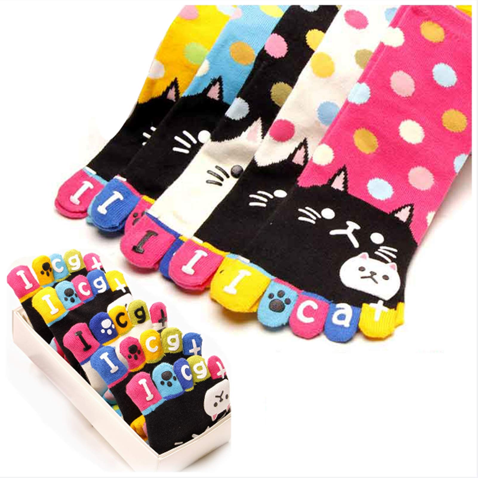 NENGGEToe Socks Women Five Finger Socks 5 Pairs Cotton Breathable Cute Cat Dog Toe Socks for Women Running Toe Socks ,M, 3-7