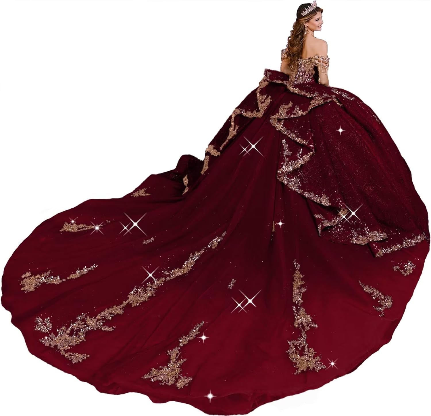 Gold Appliques Quinceanera Dresses with Bow Sweet XV Dress Glitter Puffy Ball Gown with Long Train PM006