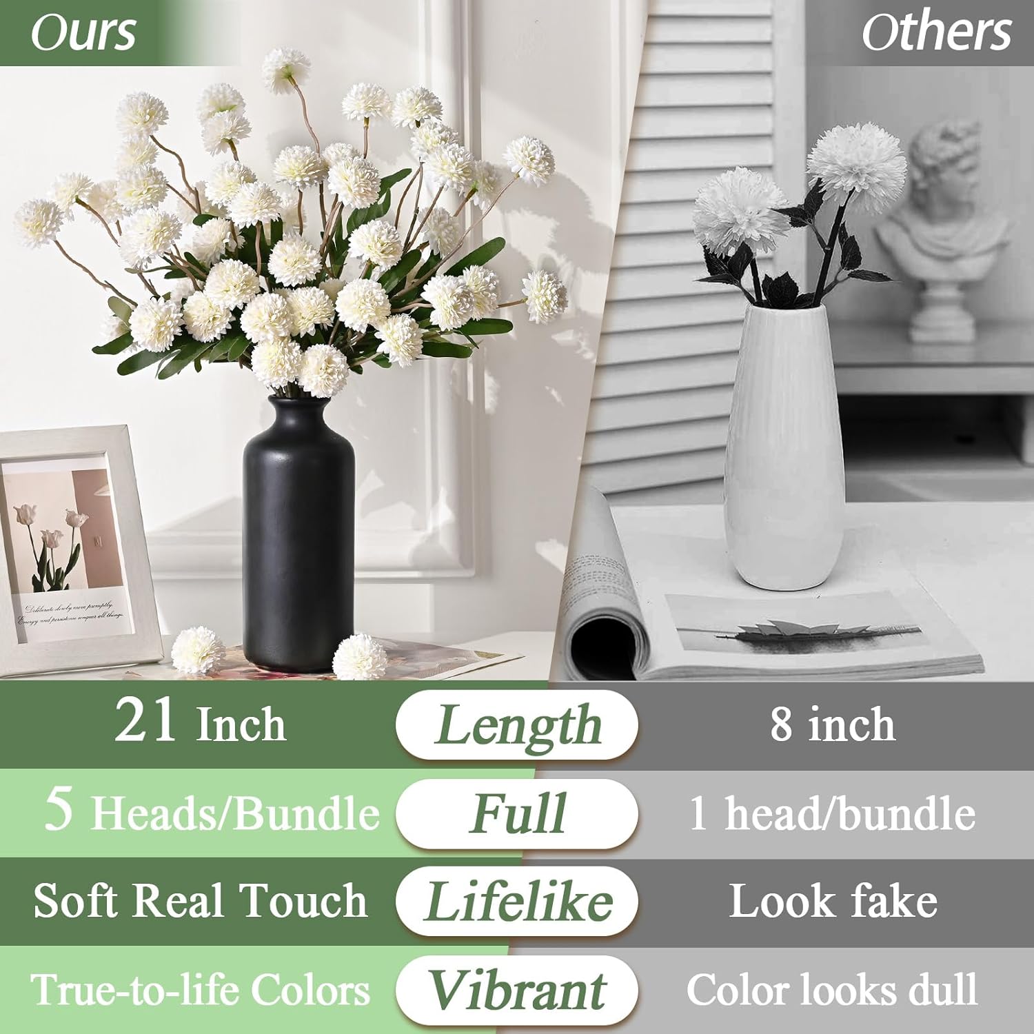 Yastouay 6pcs Fake Flowers Faux Silk Pompon Mums, Bulk Fake Mini Chrysanthemums with Stems, Artificial Kiku Flowers for Vase DIY Centerpieces Bouquet Floral Arrangements Decorations, White - Image 3