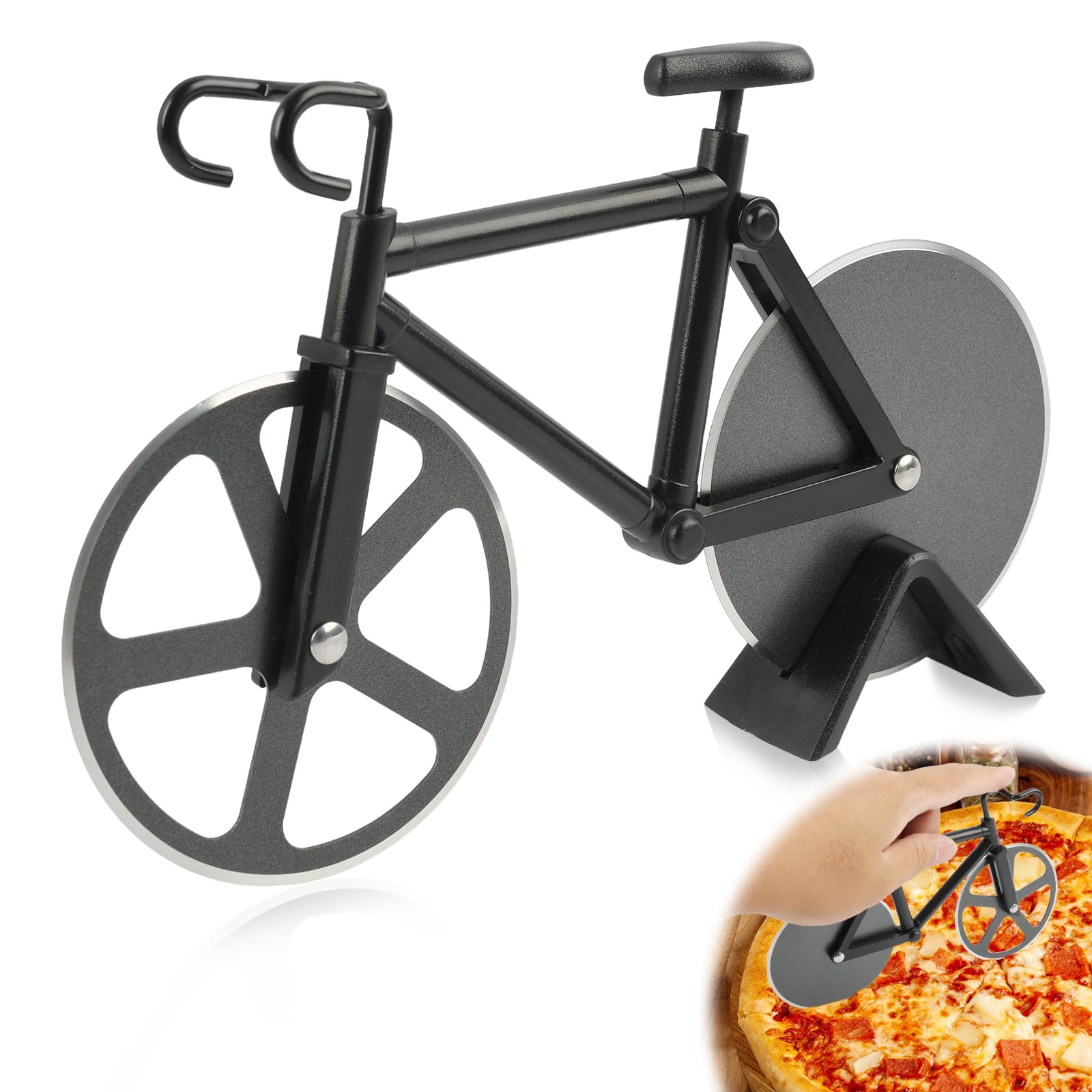 Bicycle Pizza Cutter, Stainless Steel Pizza Cutter with Non-Stick Coating, Practical Design, Novelty, Funny Kitchen Utensils, 19 cm, Black