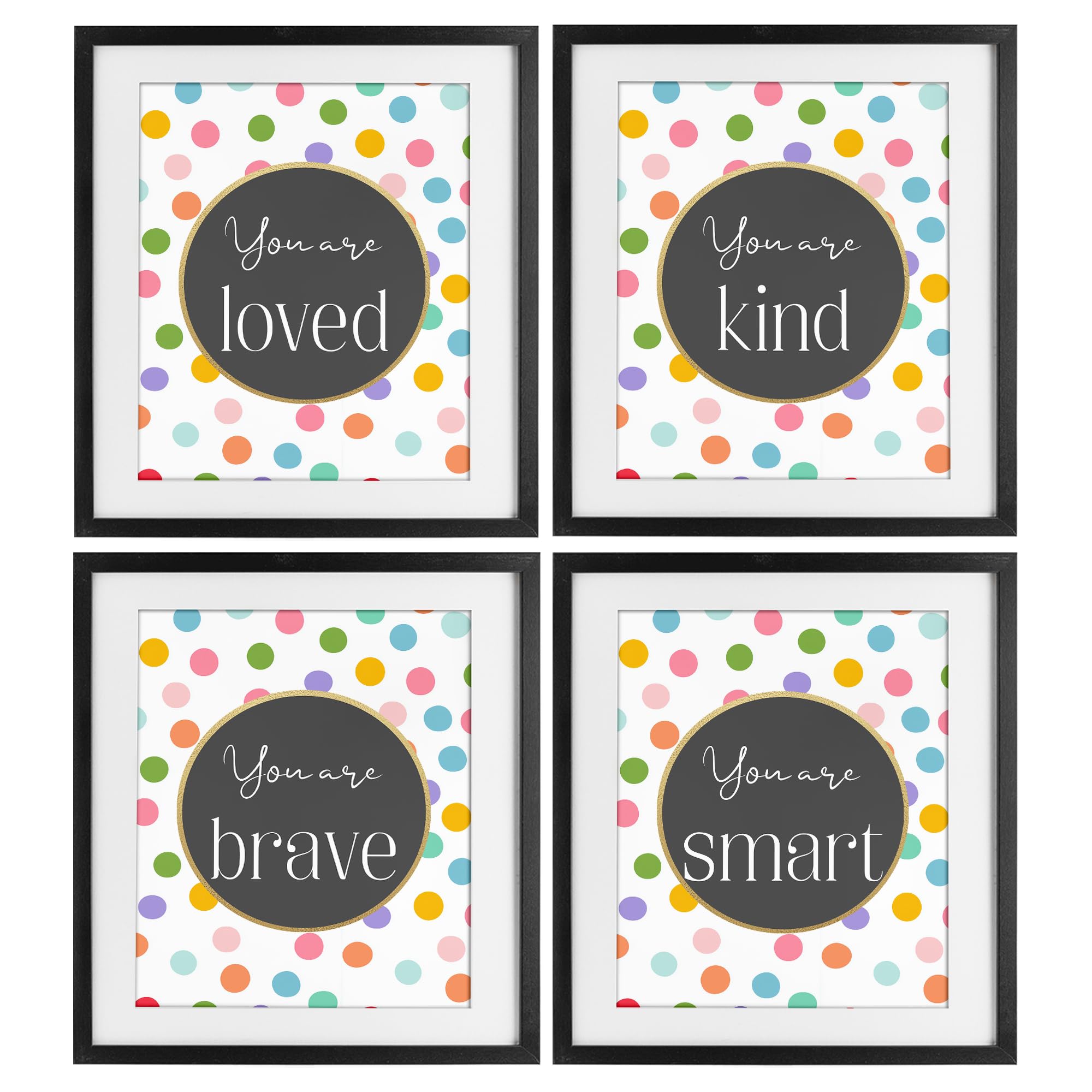 Stupell Industries Midnight Black (Textured) 'Polka Dot Affirmations'| 4Pc Framed Print Under Glass Set
