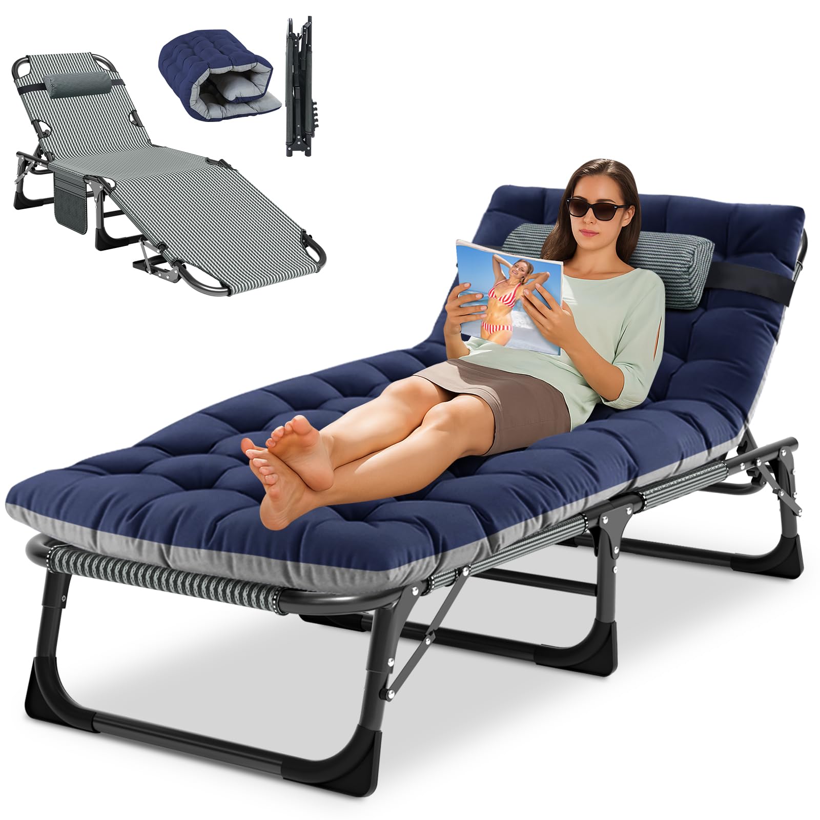Obqer Folding Sun Lounger for Garden, 200KG Heavy Duty Camping Bed, Portable Sun Loungers Chair with Mattress and Headrest, 5 Adjustable Backrest, Guest Bed for Garden Pool Patio Travel Office — image 1