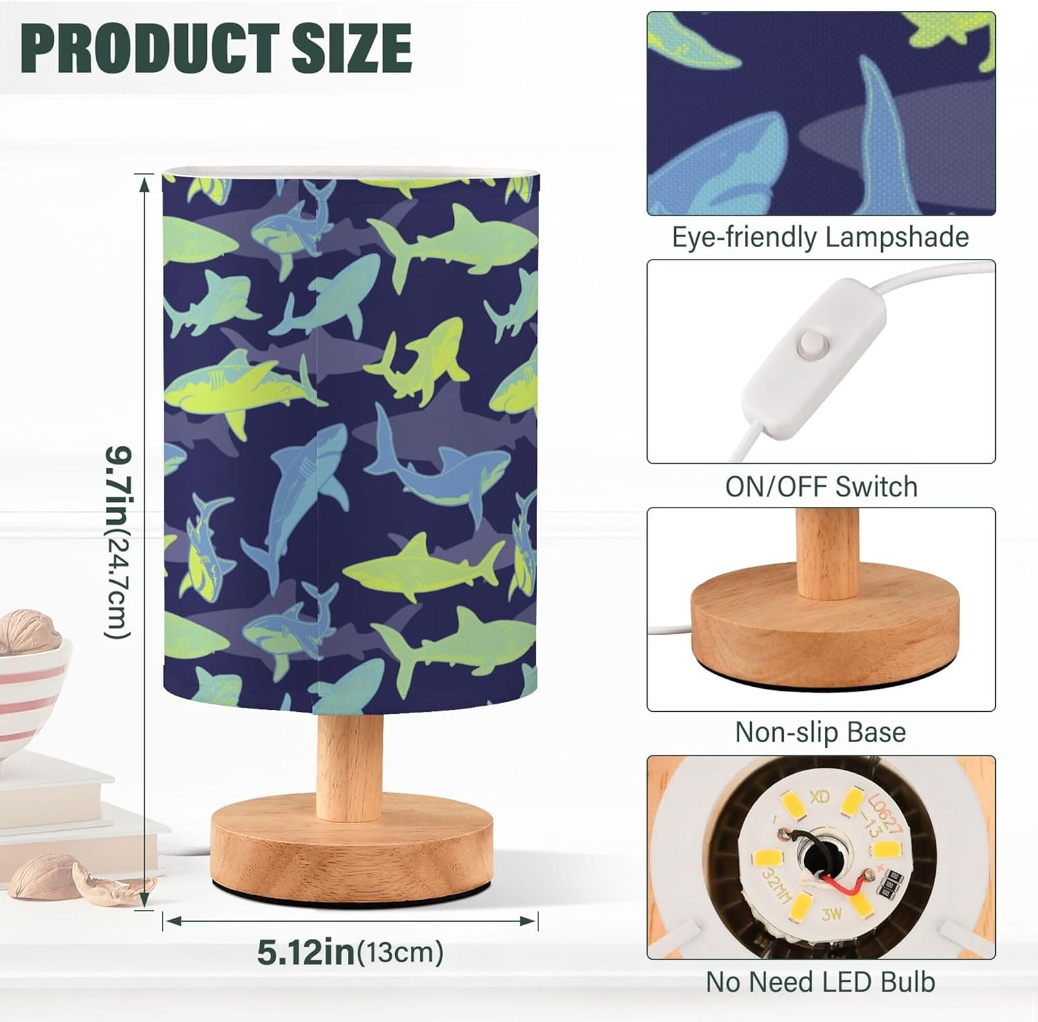 Table Lamp Shark Underwater Pattern Nightstand Lamp with Wood Base Fabric Lamp Shade Bedside Desk Lamp for Living Room Bedroom Kids Room Office