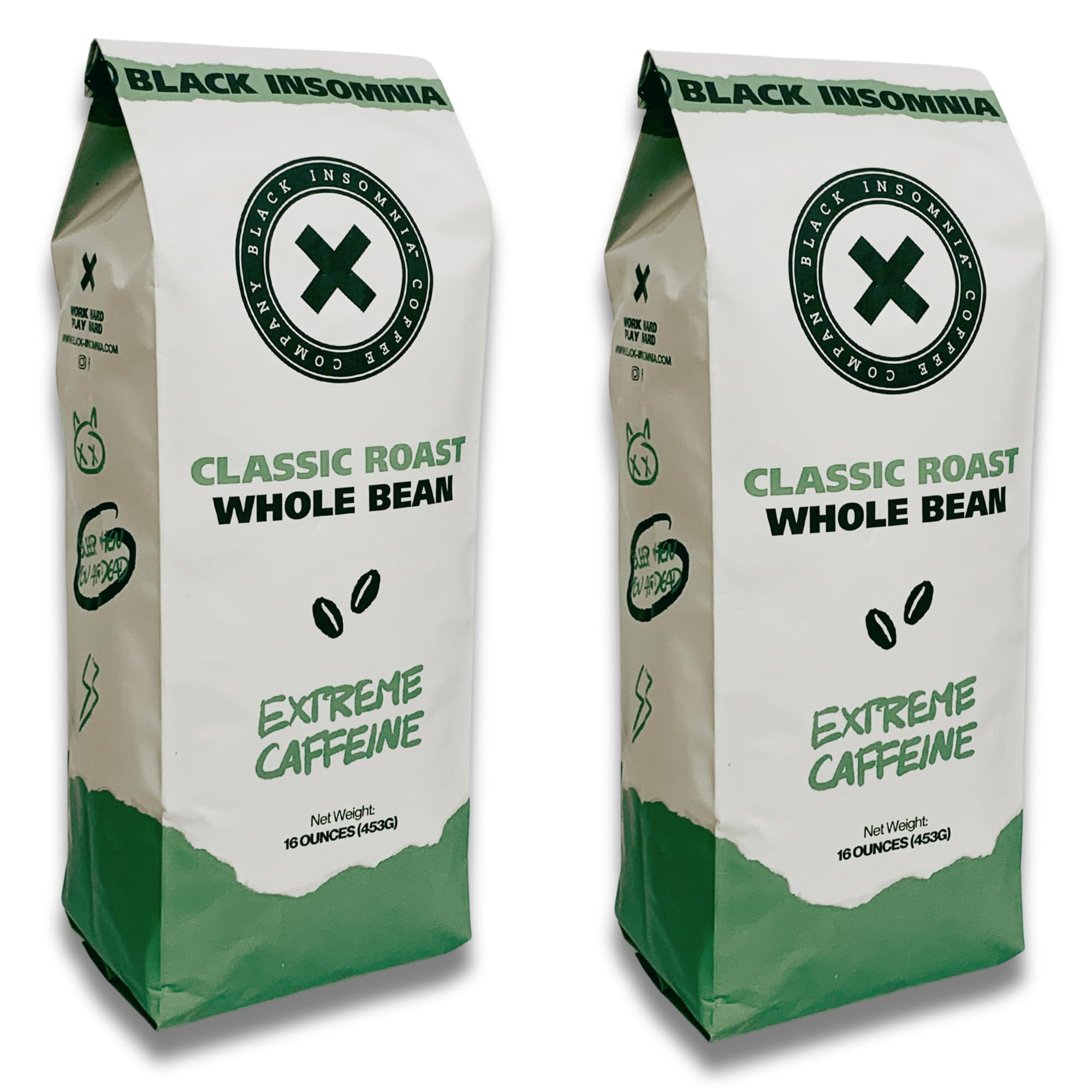 Black Insomnia Classic Roast Whole Bean Coffee - The Strongest Coffee in the World - 1lb Bag (Pack of 2)