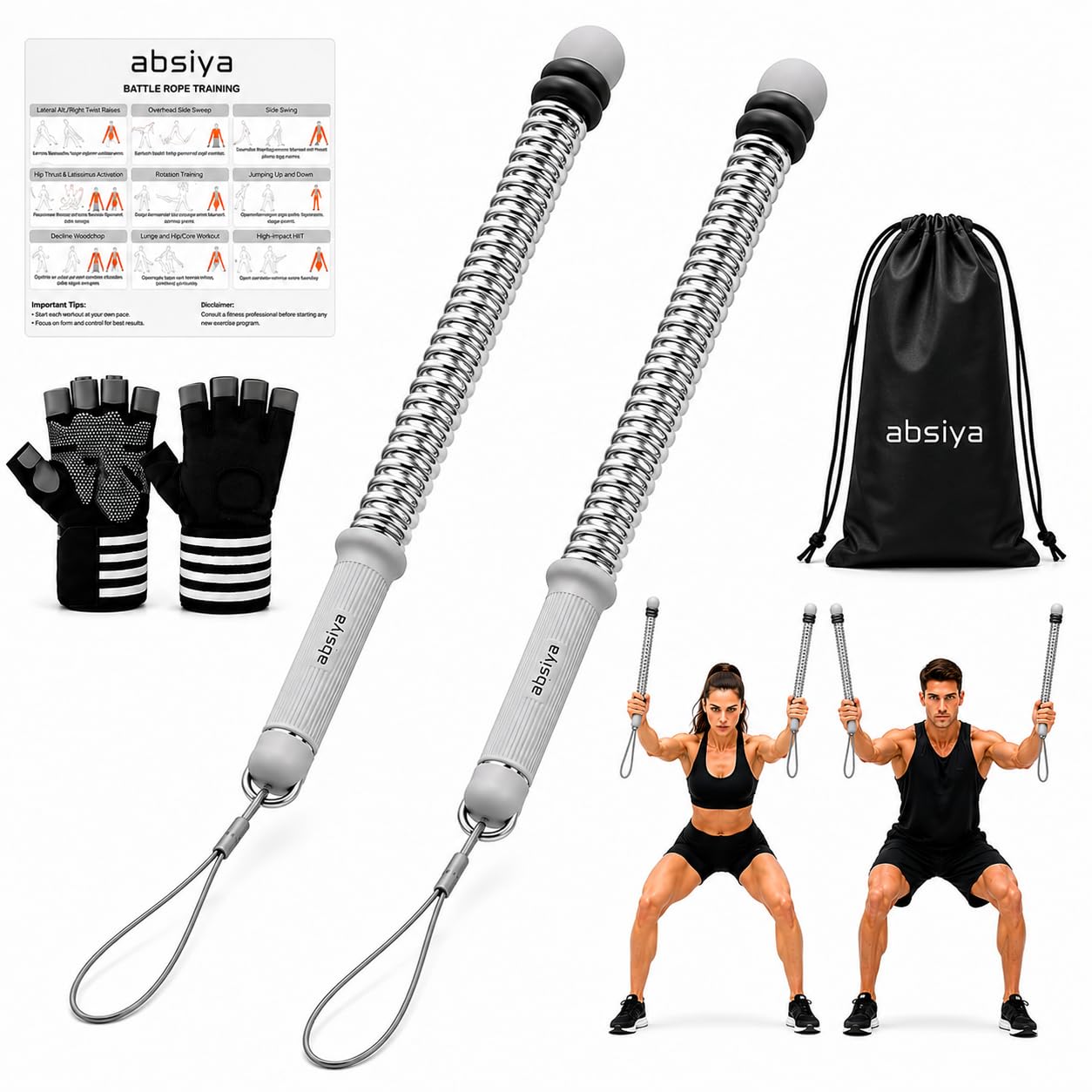 Cuerdas de batalla inalámbricas ajustables, equipo de gimnasio en casa con peso sin cuerda, palo de entrenamiento portátil compacto para hombres y mujeres, incluye guía de entrenamiento de