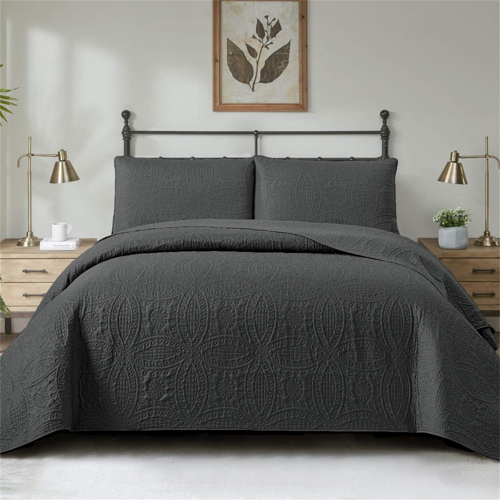 BQUJSML 3-Piece Bedspreads Quilted Double Bed Throws Reversible Embroidered Cotton Coverlet Lightweight Bed Cover Solid Color King Size Bedspread Quilt with 2 Pillowcase(Grey2,220 * 240cm)