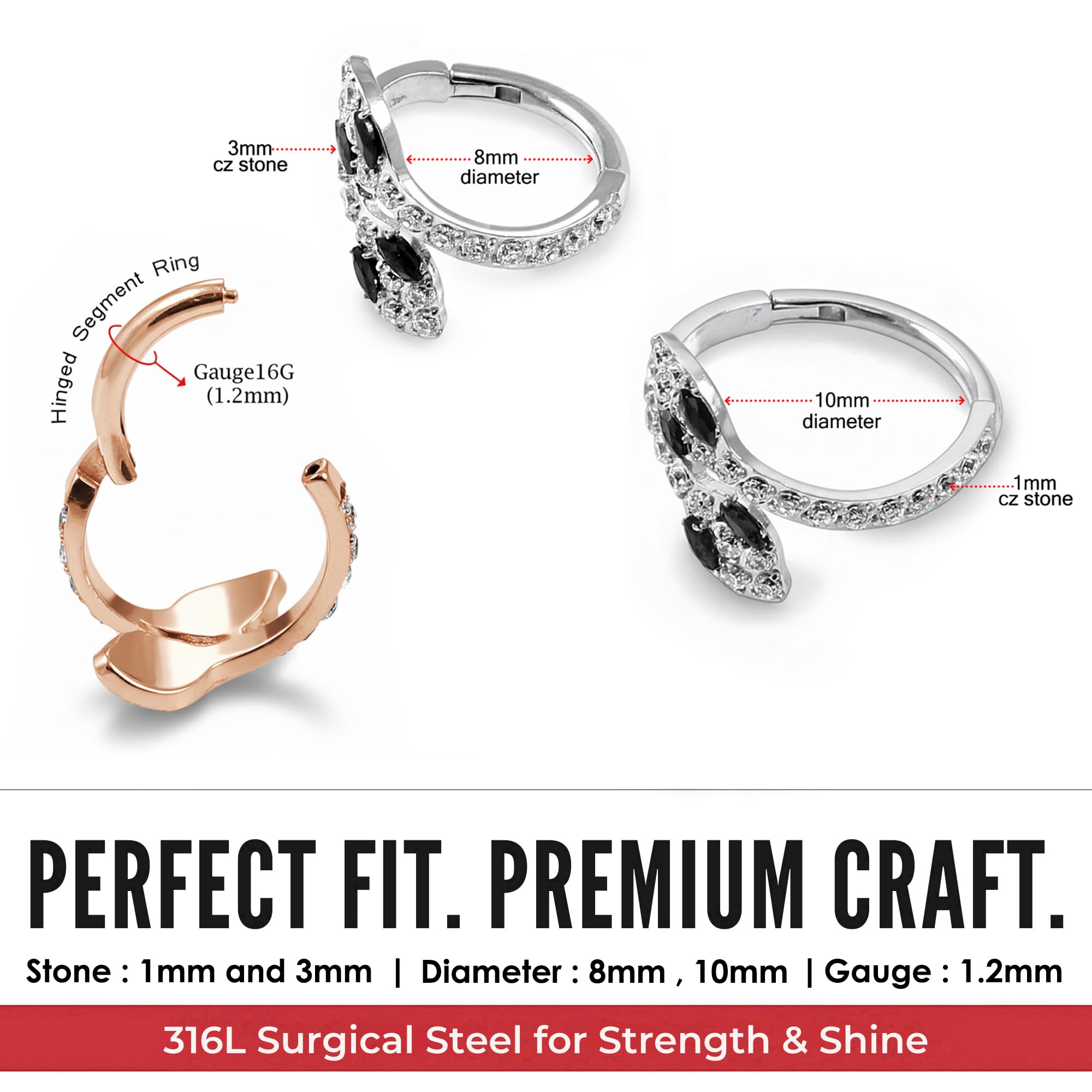 Twin Snake Cz Stone 316L acciaio chirurgico incernierato segmento clicker anello/cerchio cartilagine – Daith hoop/camera anello/helx anello – 16 Gauge Hoop