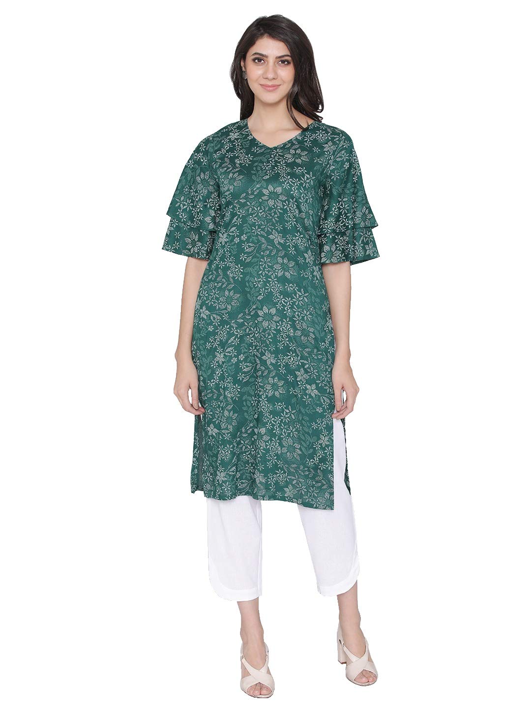 ALOM Floral Print Straight Kurta with �V� Neck,Double Layer Flared Sleeves