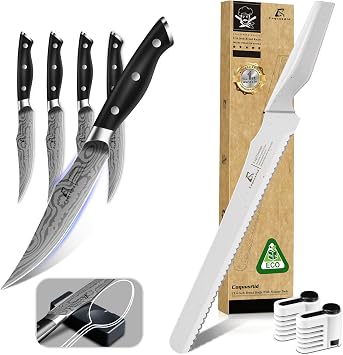 CoquusAid Bread Knife for Homemade Bread, White+Steak Knives Set of 4