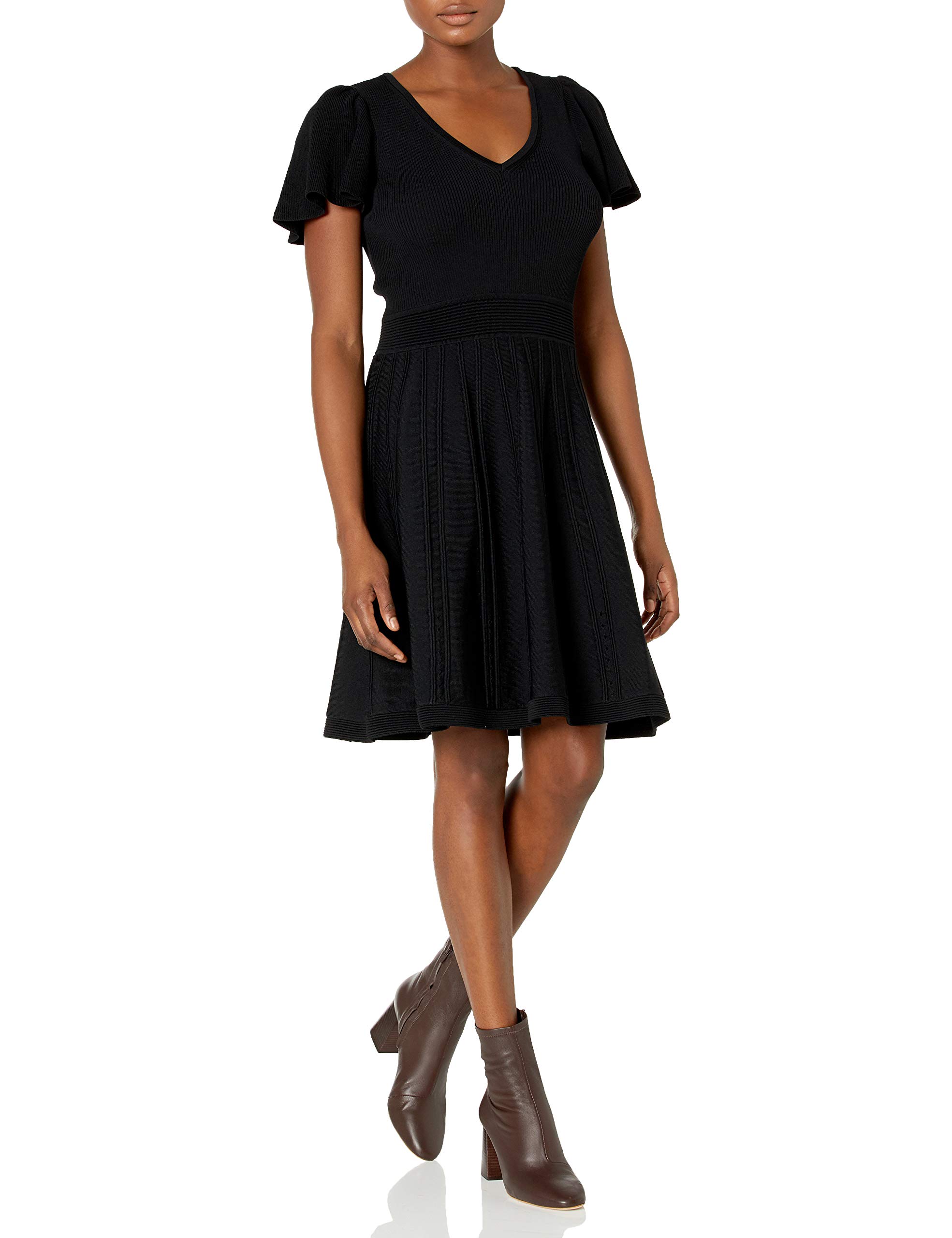 Women's Flutter Sleeve V-Neck Fit and Flare Knit Dress