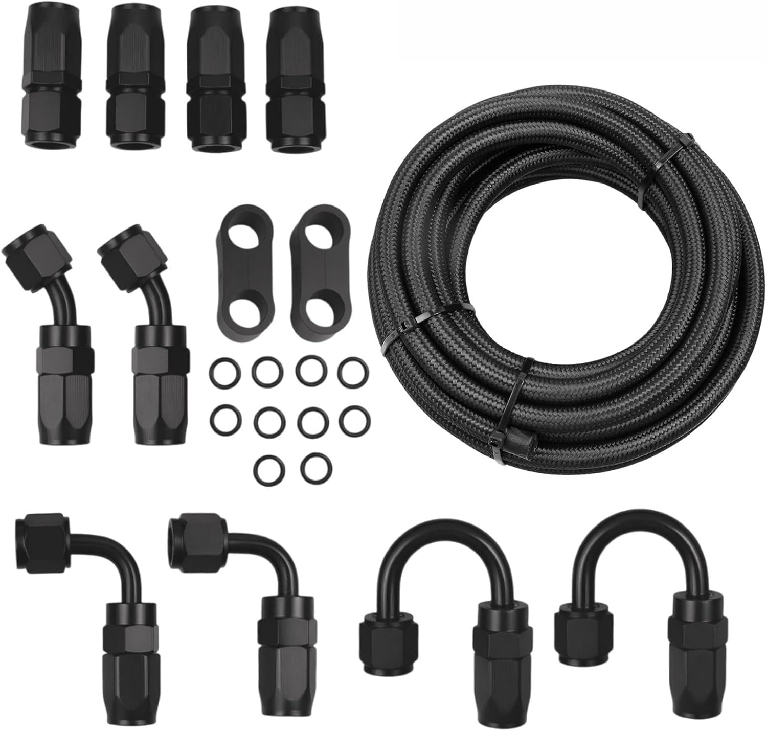 6AN Fuel Line Kit, Black High Performance Hose, 6AN Nylon Braided Fuel Line Kit CPE 20FT 6AN Premium, Includes Fittings and Mounting Hardware, General Motors Fuel Systems (20ft, 6AN)