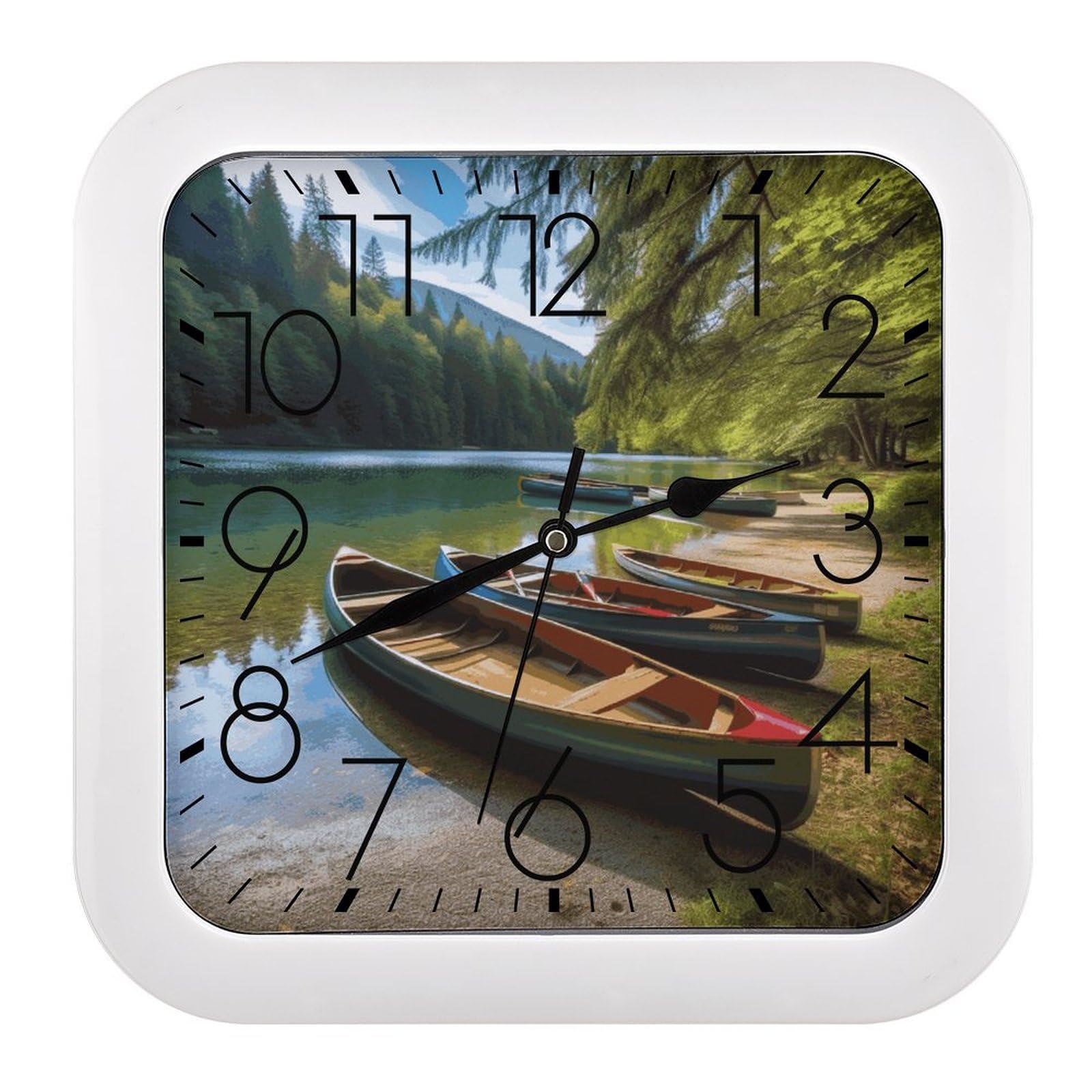 JTREHY Lake with Boats Canoes Park Wall Clock The Sound is Soft Square Timepiece Fashion Precise Easy to Read Numbers | Perfect Living Room Kitchen Or Office Clocks