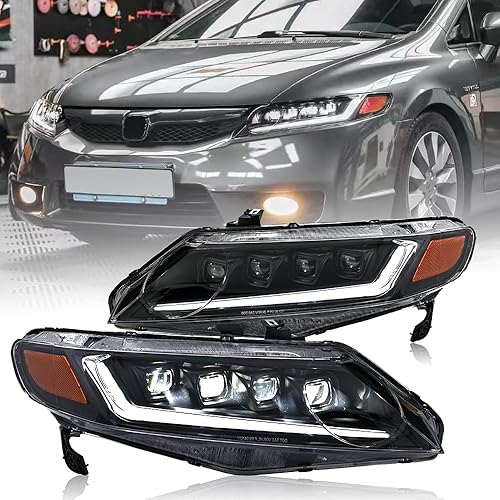 Headlights for 2006-2011 Honda Civic Sedan 4-Door Headlamp with Sequential Turn Signal Start Up Animation Passenger & Driver Side Head Light Quadruple Beam