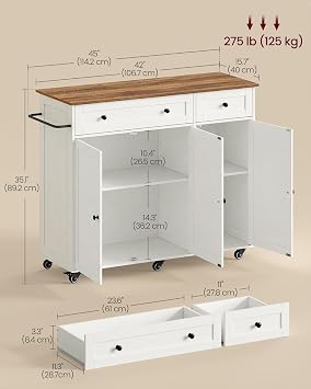 VASAGLE Kitchen Island on Wheels, Wooden Storage Trolley with 3 Doors