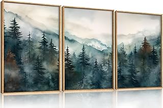 KAIRNE Watercolor Misty Forest Framed Canvas Wall Art Set, Nature Landsc...