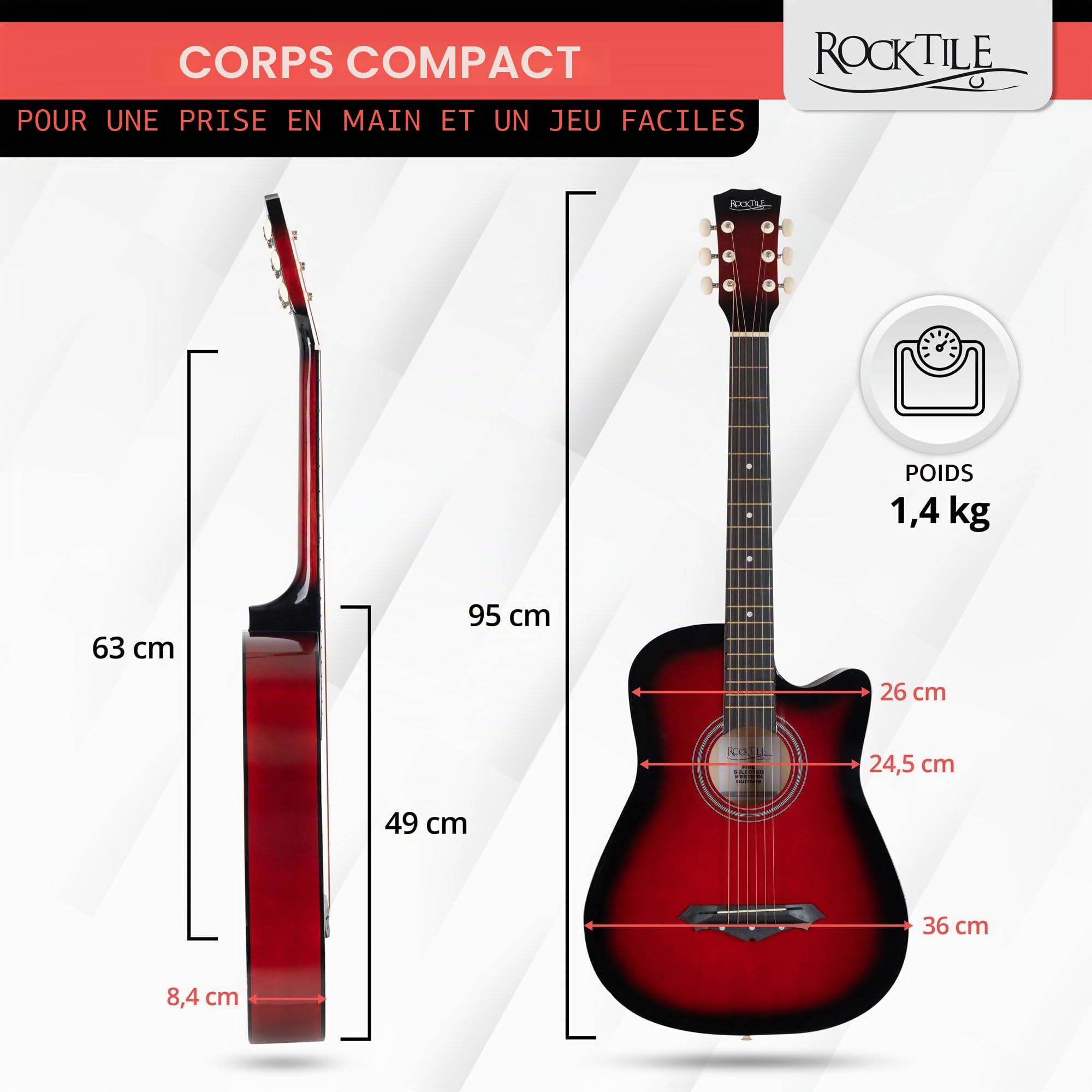 Rocktile WSD-5C-RDB Slim Line Set de Guitares Western - Guitare Acoustique Dreadnought - Corps en Tilleul - Manche : Catalpa - Set incluant housse, cordes de rechange, sangle et médiators - Redburst