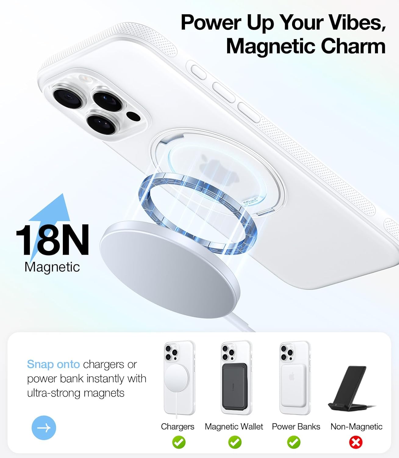 TORRAS Ostand Fitness 360 Rotating Magnetic Stand for iPhone 15 Pro Max Case, [Compatible with MagSafe] [Military-Grade Protection][Enhanced Grip] Slim Case for iPhone 15 Pro Max, Glacier White 6.7" - Image 3