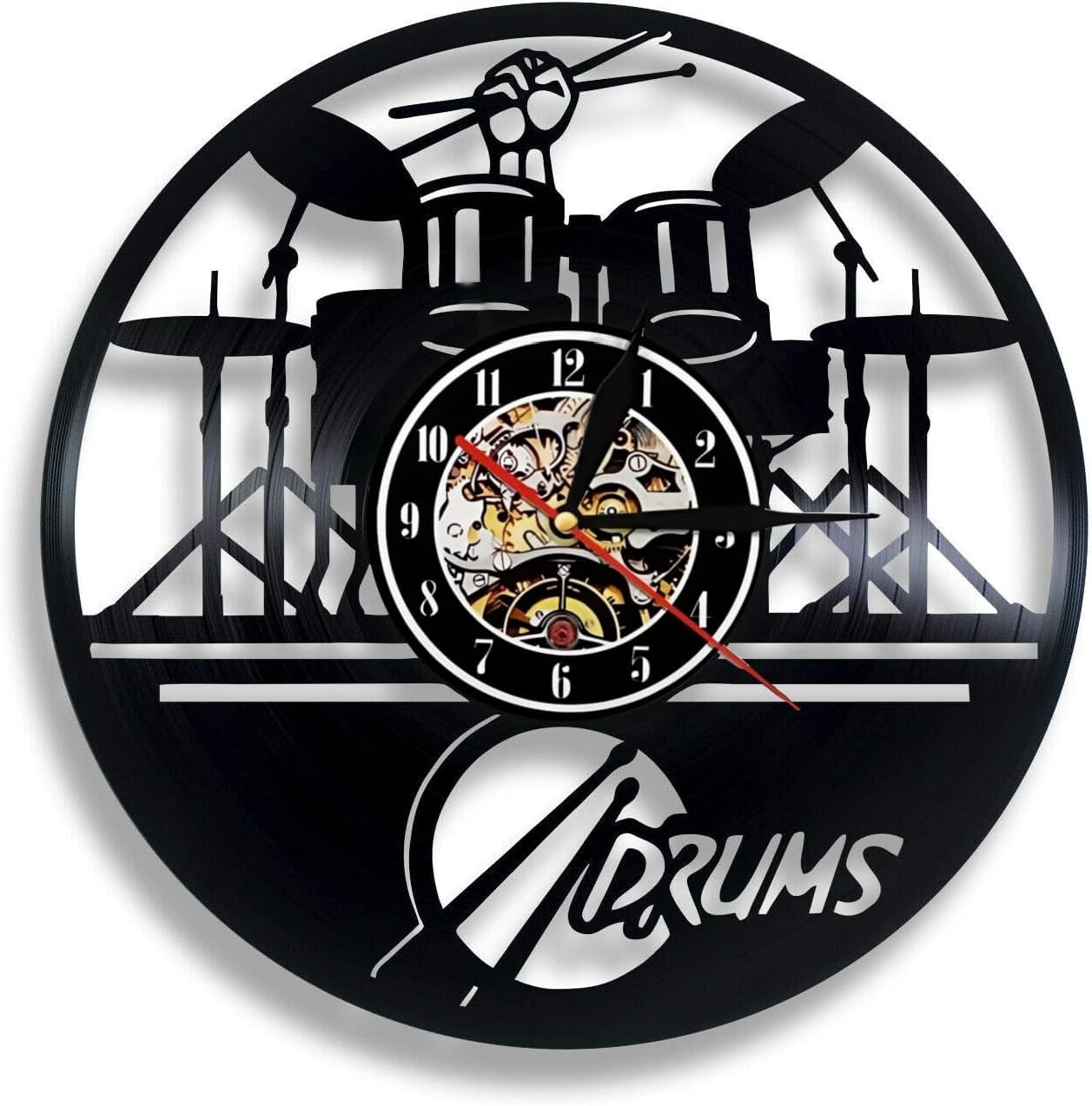 Wall Clock 12 Inch Silent Non-Tickin- Laser Cut Drum Set Design with Working Turntable Style, Ultra-Thin 2mm, Vintage Music Gift for DJs & Drummers (LED)