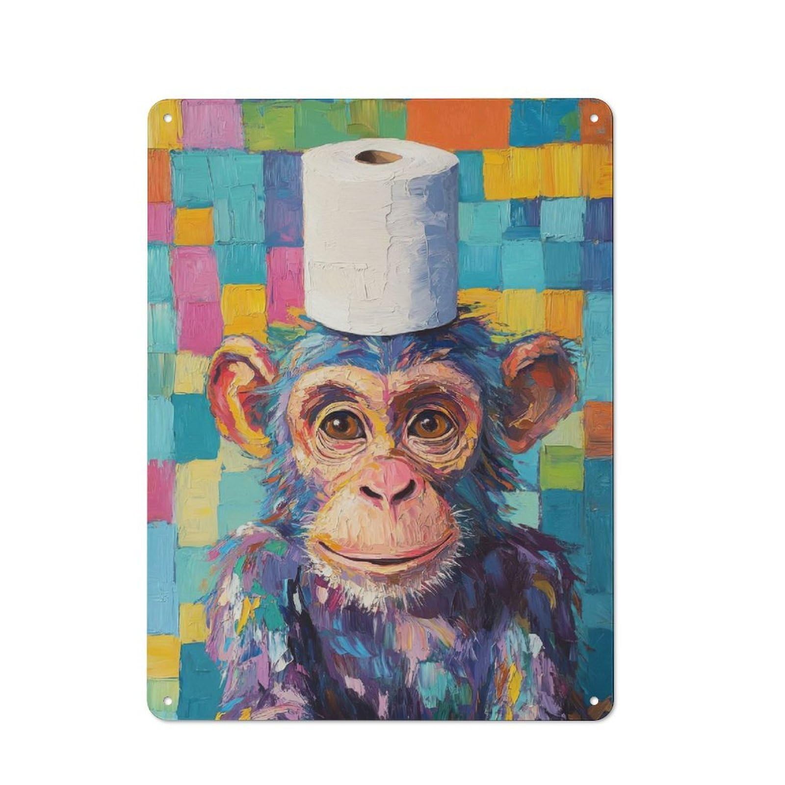 Junmoney Chimpanzee With Toilet Paper Hat Rustic Metal Sign 40X30cm For Living Room Wall, With Clear Rustic Wall Decor Character