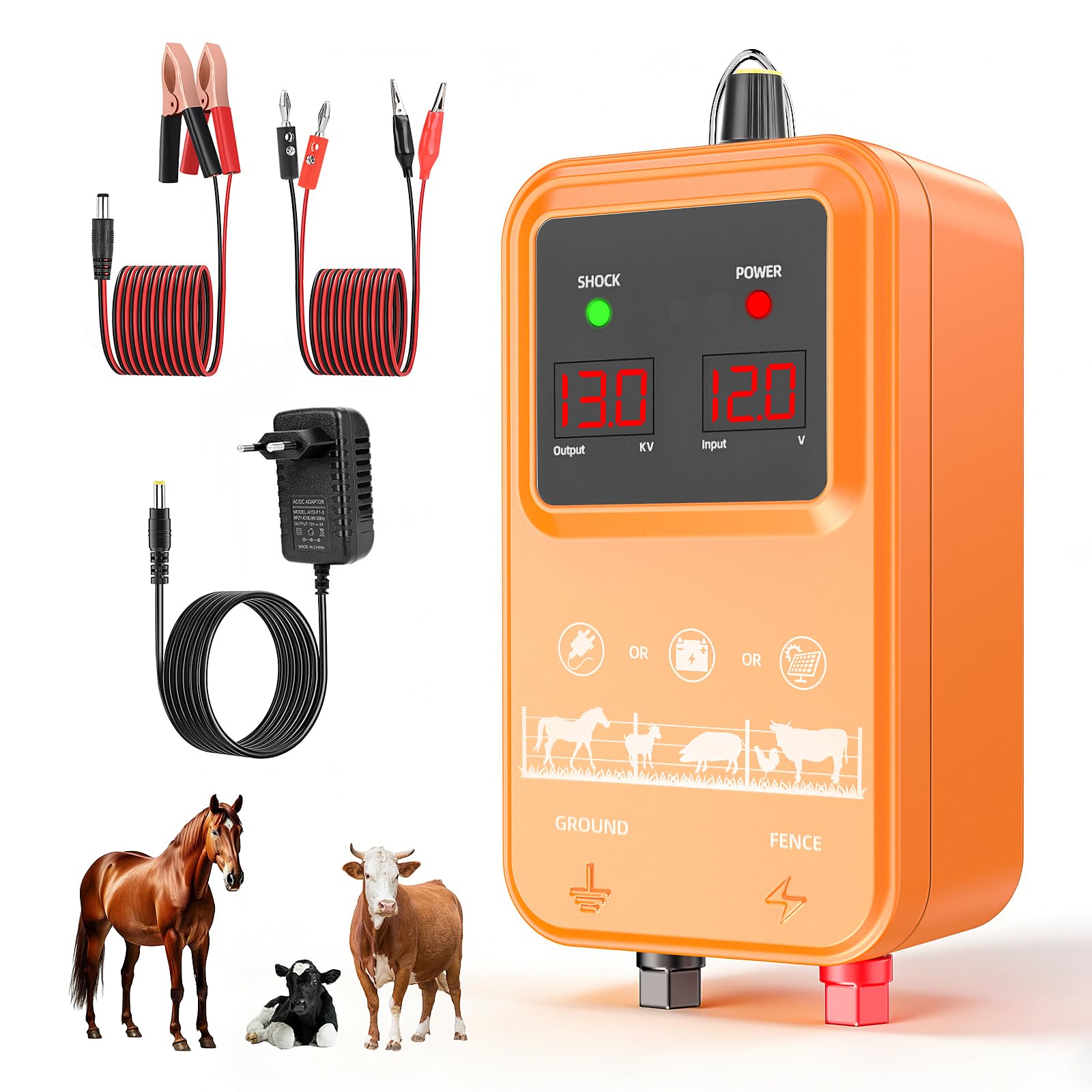 15KM Recinto Elettrico per Animali, 2J Elettrificatore per Recinzione Elettrica, Tensione regolabile 7-13KV Controllore di Impulsi ad Alta Tensione Sicuro Recinzione Elettrica per Pascolo (Arancione)