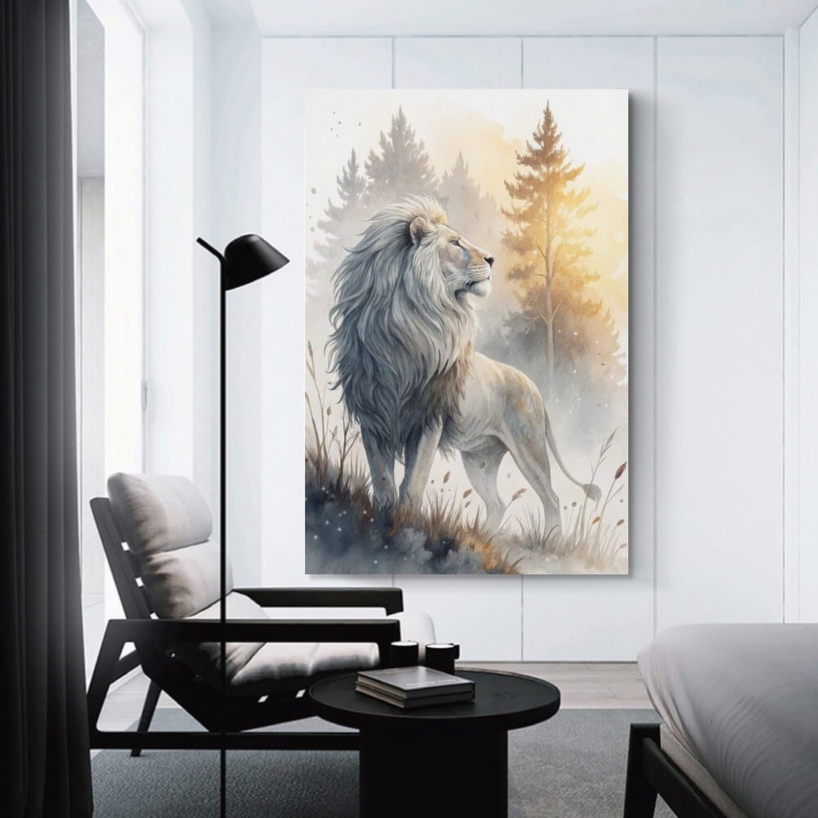 Junmoney Majestic White Lion in Misty Forest Canvas Wall Decor 24x36inch(60x90cm), for Workspace Walls, Study Corners Or Bedrooms, Decorative Artwork for Productive Spaces