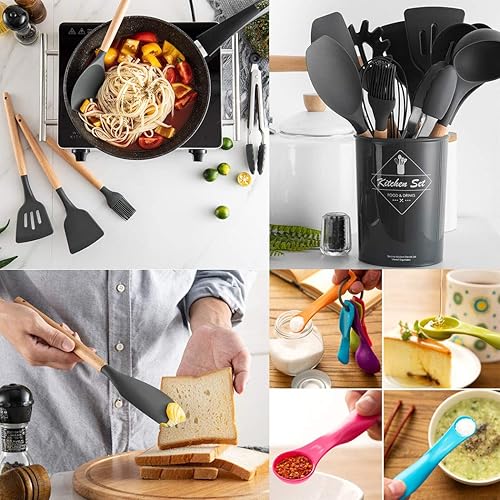 Miniatura 10 de SIPLIV - Juego de utensilios de cocina de silicona con mango de madera resistente al calor, 17 piezas, fácil de limpiar, utensilios de cocina para