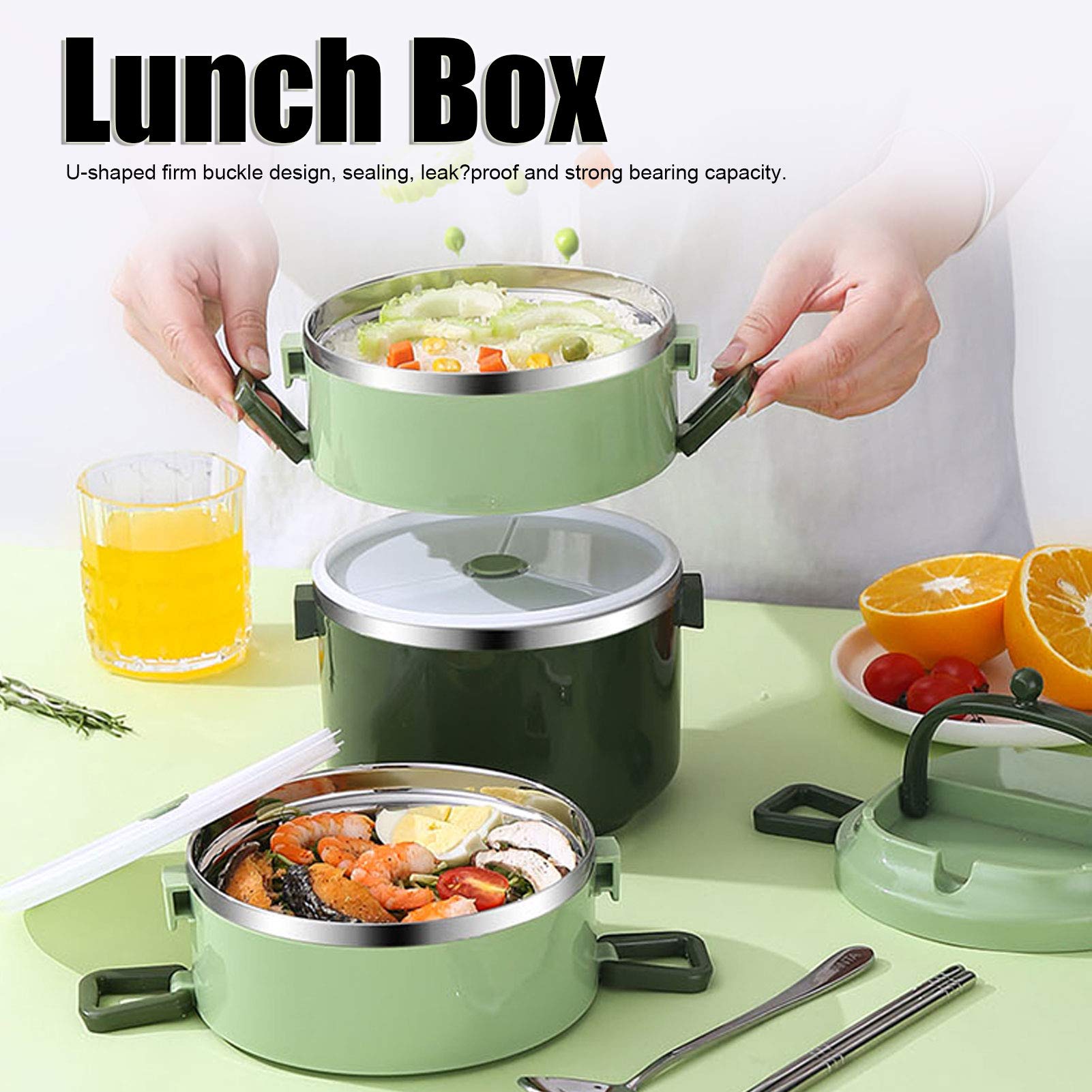 Termos na gor?ce jedzenie, pude?ko na lunch, pojemnik na ?ywno??, 304 szczelne okr?g?e pude?ko bento ze stali nierdzewnej do pracy, wn?ki, sportu, kempingu, piknik車w i podr車?y(three layers of green)