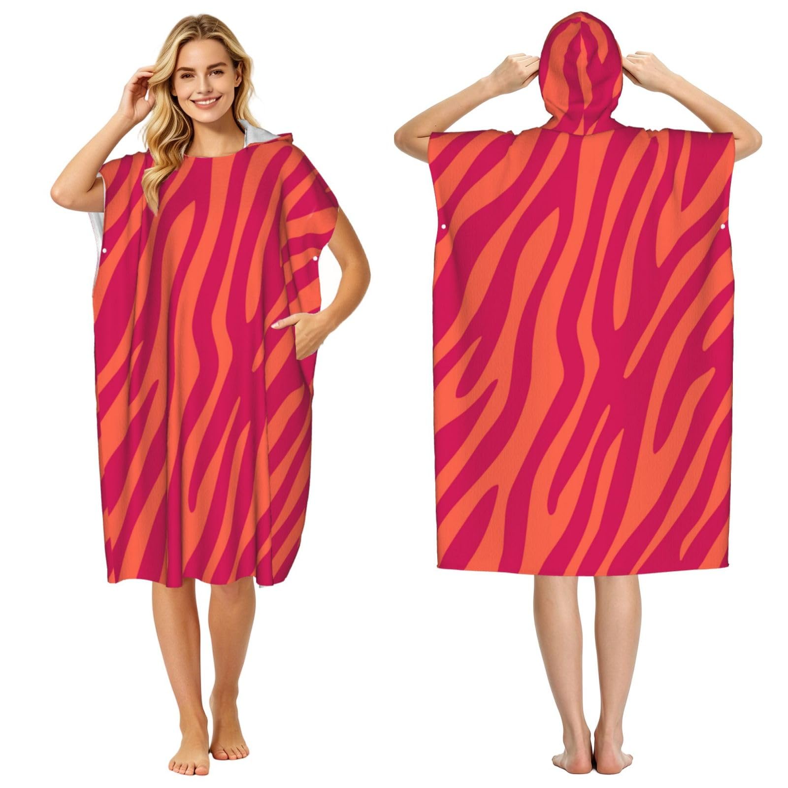 Poadnly Pretty Pink Orange Animal Print Zebra Leopard, Adult Hooded Beach Towel 90 x 110 cm,Changing Bath Robe, Surf Poncho Towel For Women Men