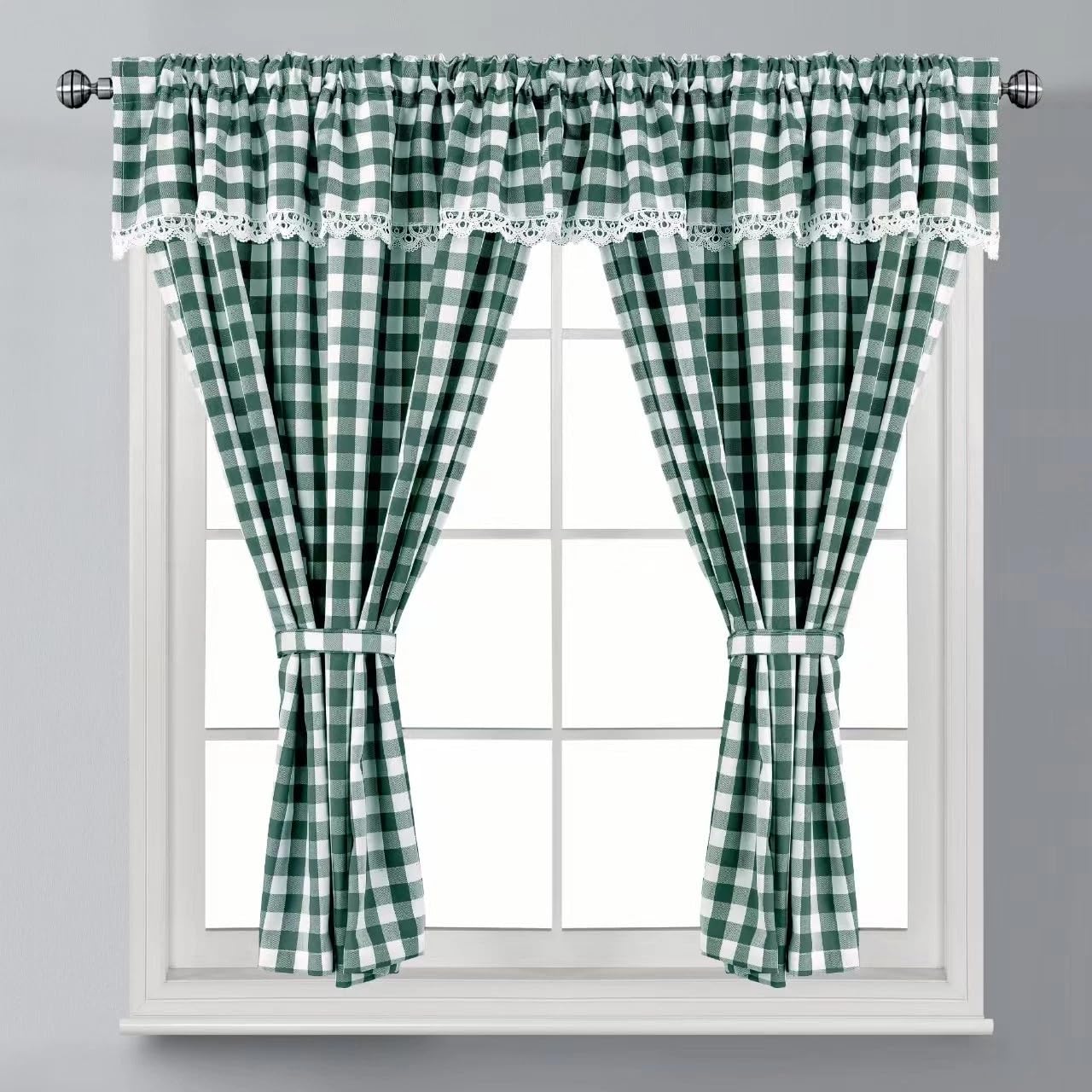 Householdfurnishing Green Embroidered Kitchen Window Pair Curtains Set Rod Pocket With Attached Valance & Tiebacks (, W 48 X L 48)