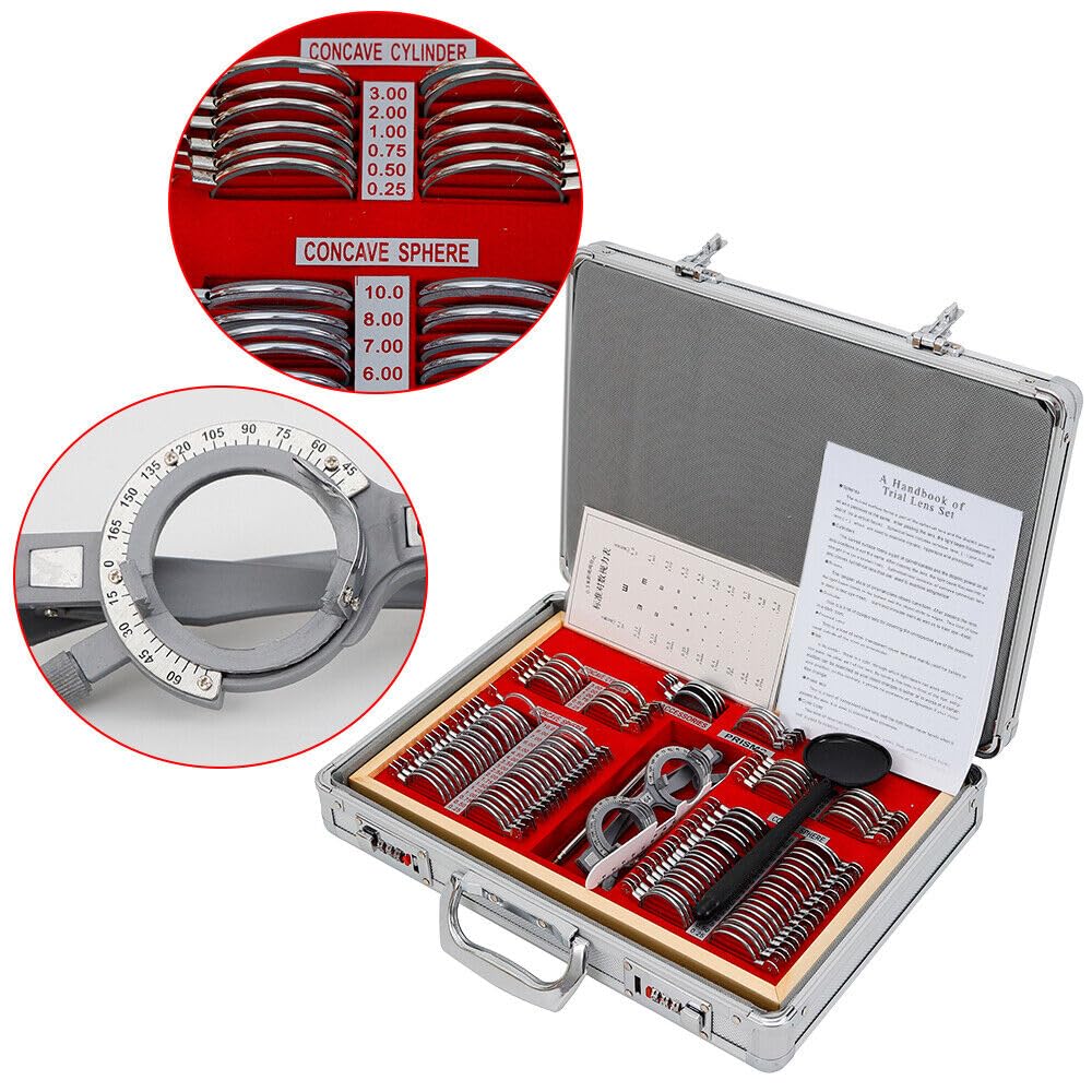 Lot de 104 lentilles de test optométrie en métal avec lunettes de test Optométrie Optométrie avec monture métallique et étui en aluminium