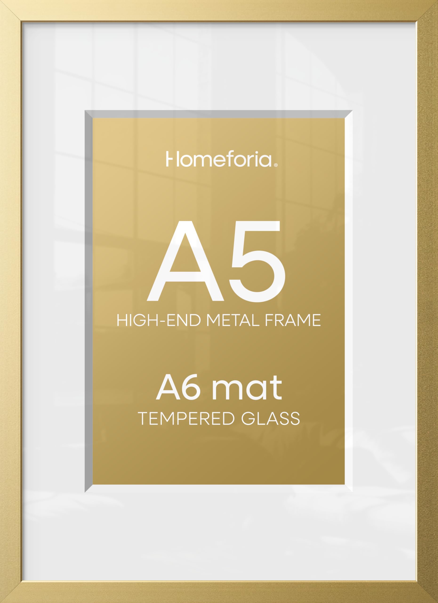 Homeforia A5 Gold Picture Frame, High-End Metal, A6 Mat, Glass | High End Aluminum, Tempered Glass, Acid-Free A6 Removable Mat, A5 Edge-to-Edge Display, Wall Kit, Set Of 2