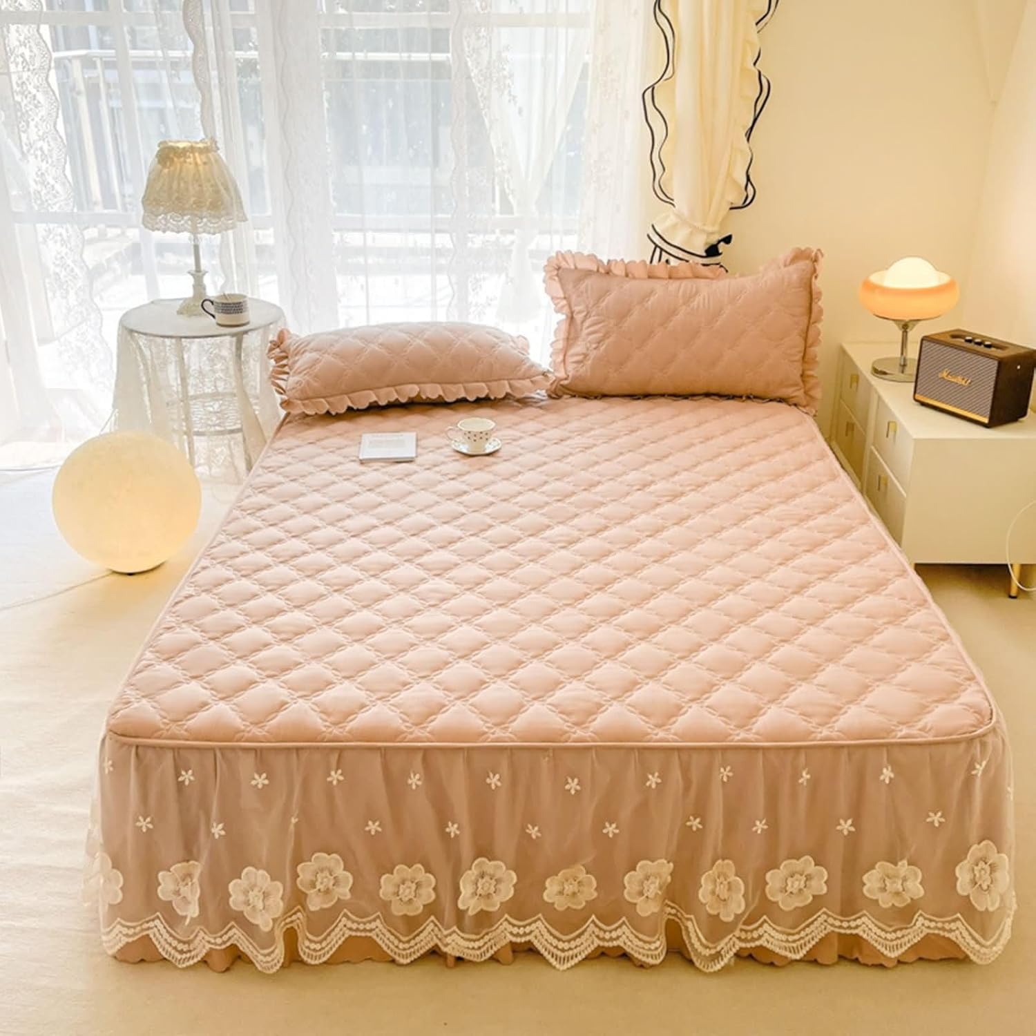 Beydodo Bed Skirt 48 x 78 inch, Bedding Fitted Sheet Green with Embroidered Lace, Polycotton Mattress Protector and Pillowcase Set, 120x200cm