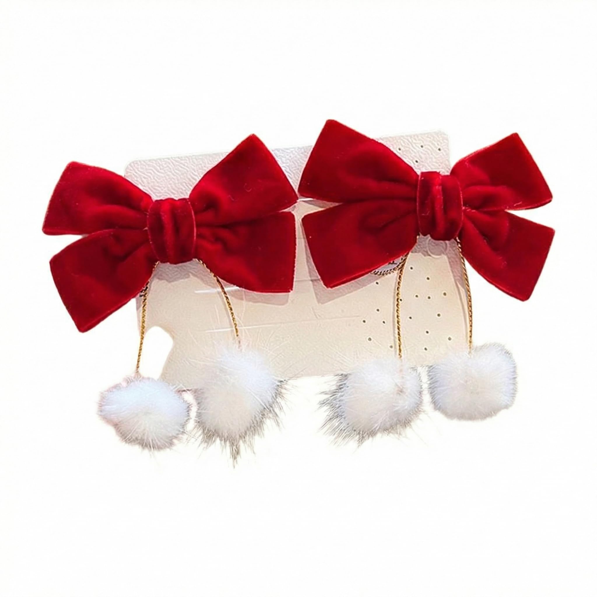 Red Bow, 2Pcs Large Velvet Hair Bow Clips With Faux Fur Pom Pom Tassels, Traditional Chinese Princess Hair Ties Cute Red Ribbon Decorations For Little Girls Toddlers Flower Girl Festival Wear