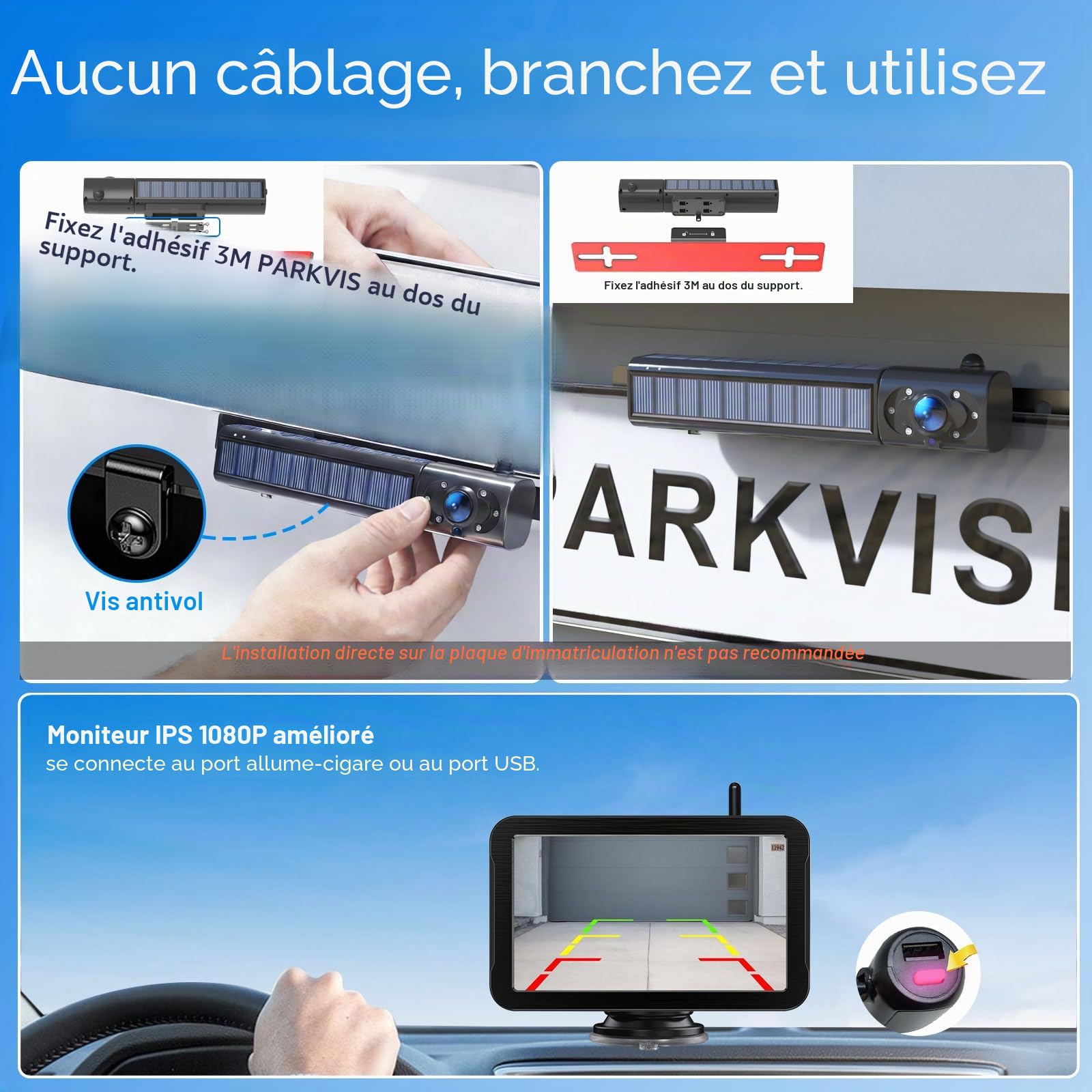 PARKVISION Caméra de recul Solaire sans Fil, caméra arrière avec écran FHD 5", Batterie Rechargeable de 5000 mAh, Caméras de recul pour Voiture, Aide au stationnement DIY caméra de stationnement