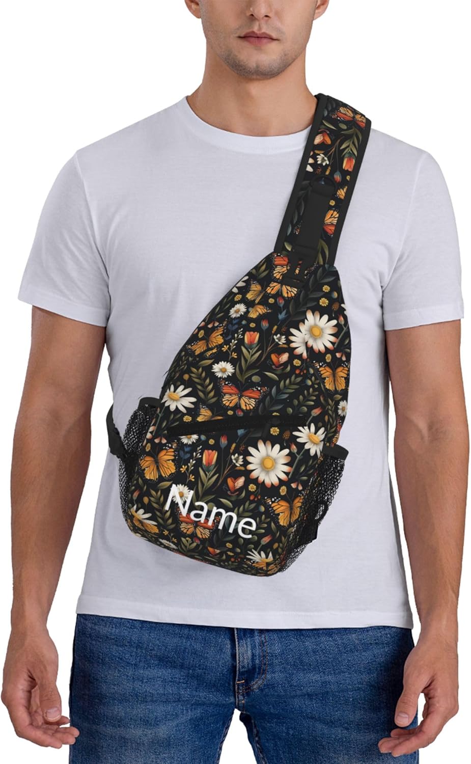SUPLUCHOM Custom Sling Bag With Name Vintage Butterfly Daisy Leaf Personalized Hiking Daypack Customized Crossbody Shoulder Backpack Travel Chest Pack for Men Women