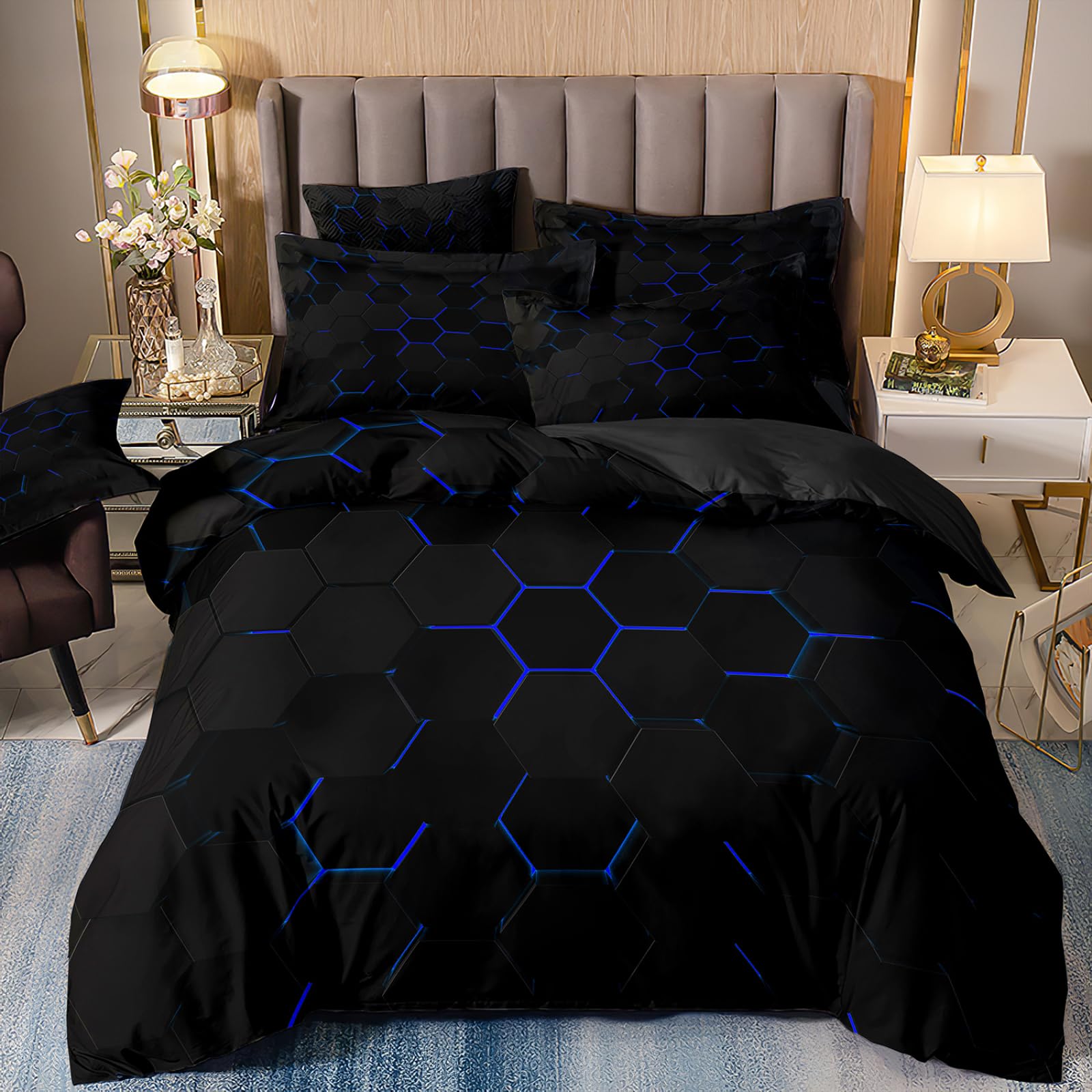 Dwetcxo Single Duvet Cover Set Black Hexagon Single Bed Duvet Cover Set Soft Microfiber Breathable Bedding Durable Single Bedding Sets with Zipper Closure+2 Pillowcases 50x75cm 140x200cm