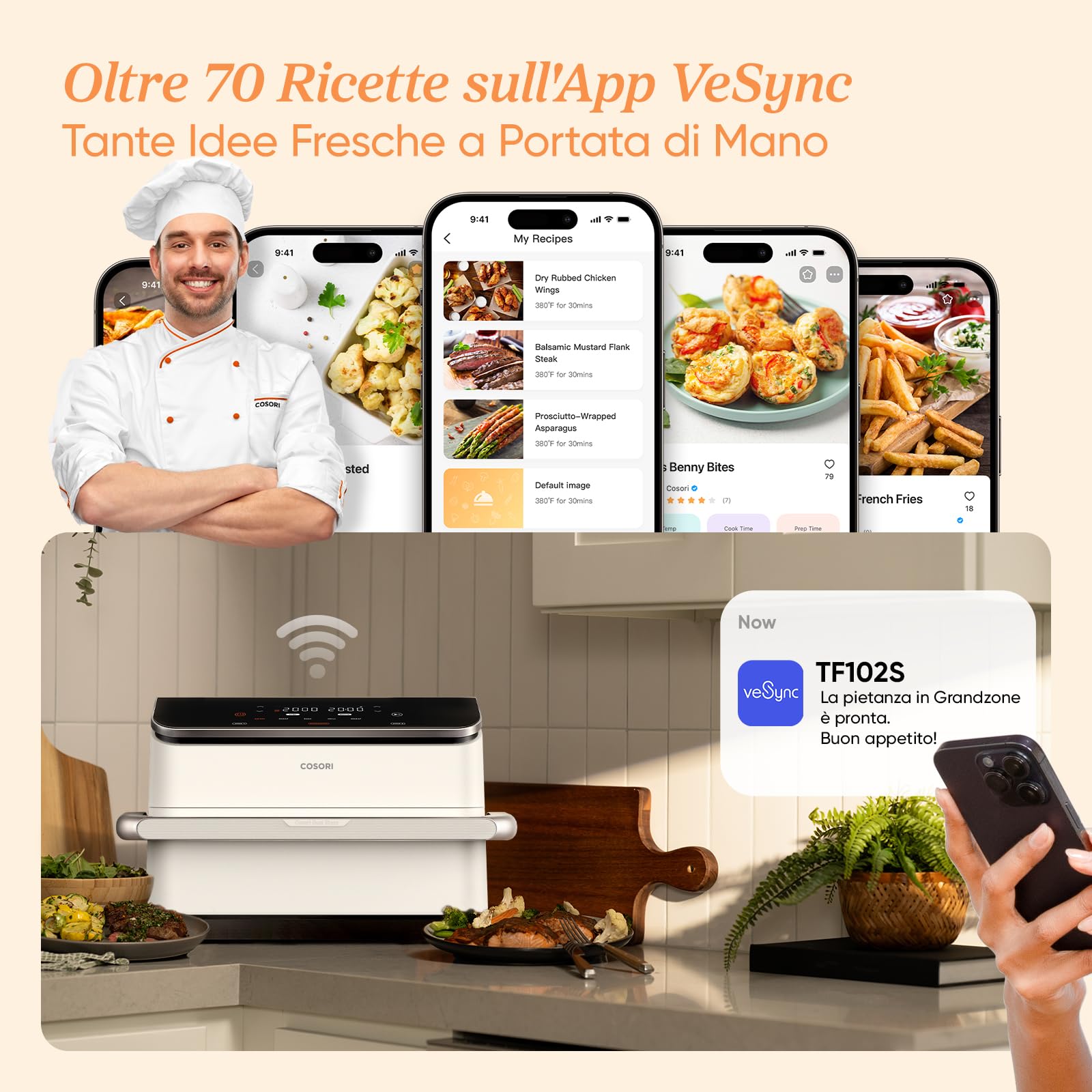 COSORI Frytkownica powietrzna 10 litrów, 7 w 1 Dual Blaze TwinFry z podwójnym koszem 5 l i 5 l i zdejmowanym separatorem, WiFi 2800 W Air Fryer z podwójną rezystancją, 40-240 ℃, 70 przepisów online