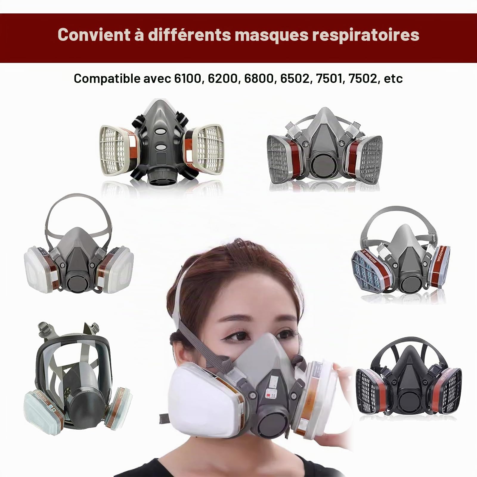 10 filtres pour masque a cartouche, 6001 pour masque de peinture, cartouches Organic Vapor, filtre chimique contre la poussière, les gaz, les vapeurs organiques, avec 6100/6200/7501/7502/6502/6800