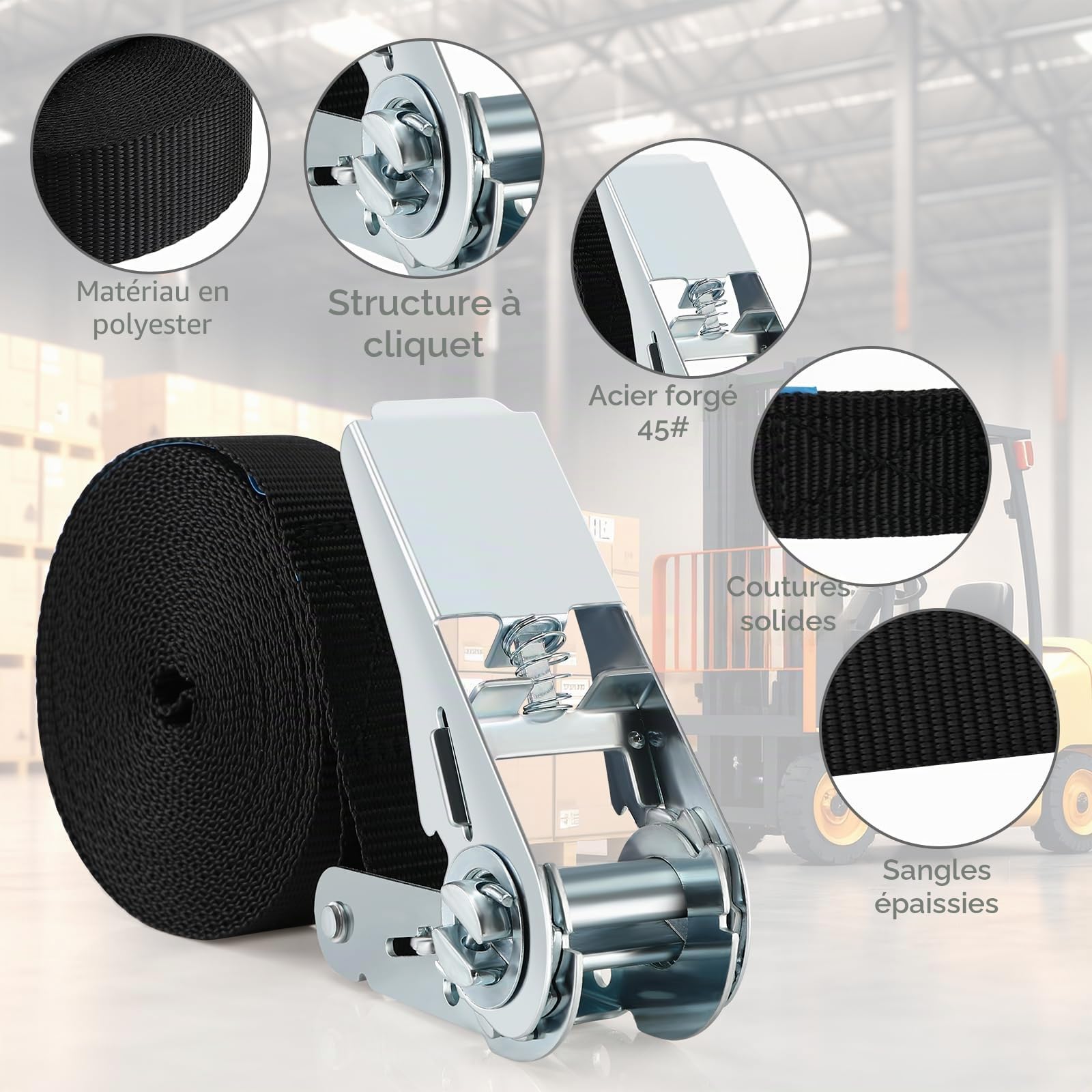 Tapvai Lot de 5 Sangles d'arrimage réglables avec cliquet (2.5 cm x 4 m) | Charge maximale : 1000 kg - Sangles d'arrimage extrêmement Robustes - Convient pour Le Chargement Fixe, la Voiture, la Moto