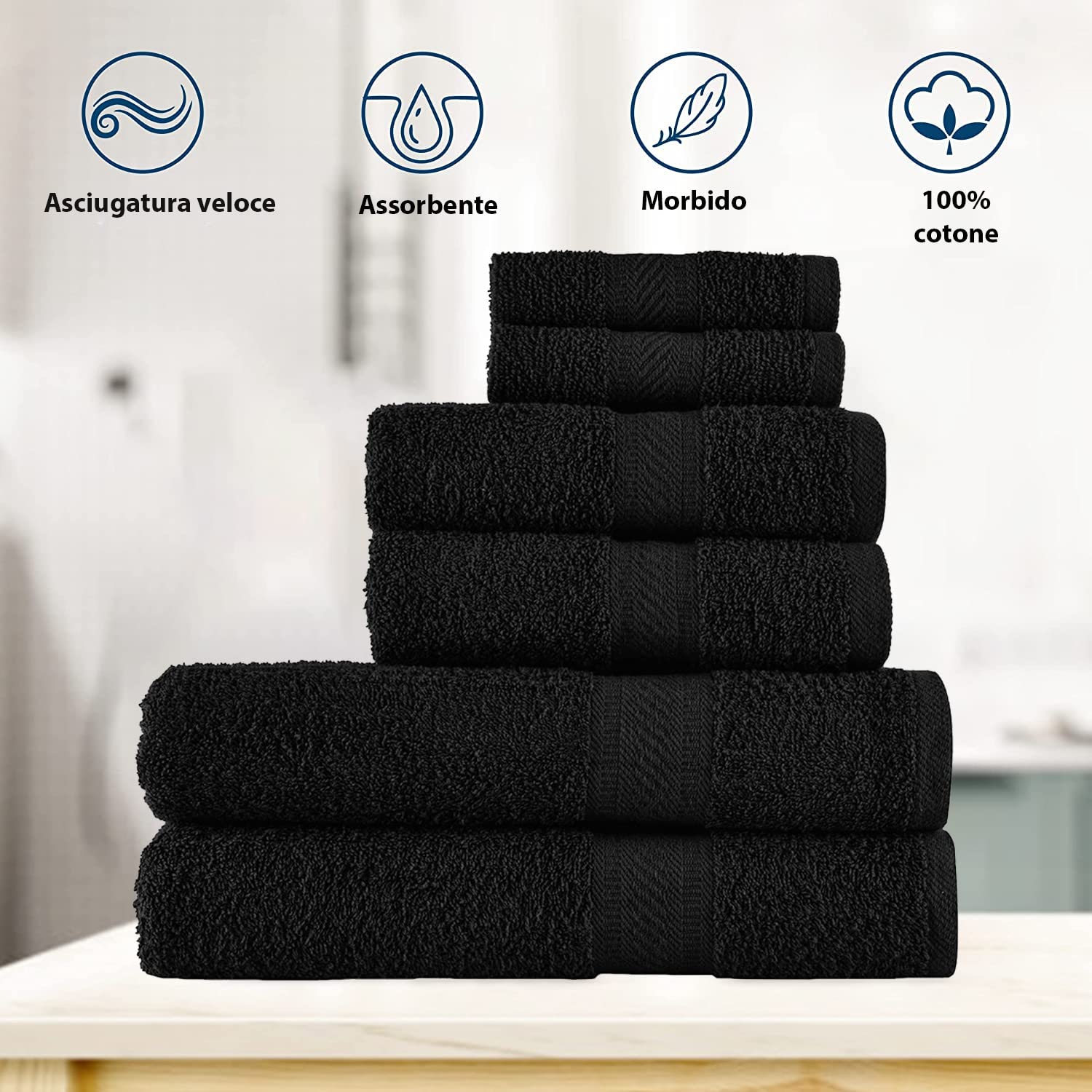 Sweet Needle Set di asciugamani - 2 asciugamani da bagno, 2 asciugamani e 2 salviette, uso quotidiano 500 g/m² filato ad anello, altamente assorbente per bagno, nero (confezione da 6)