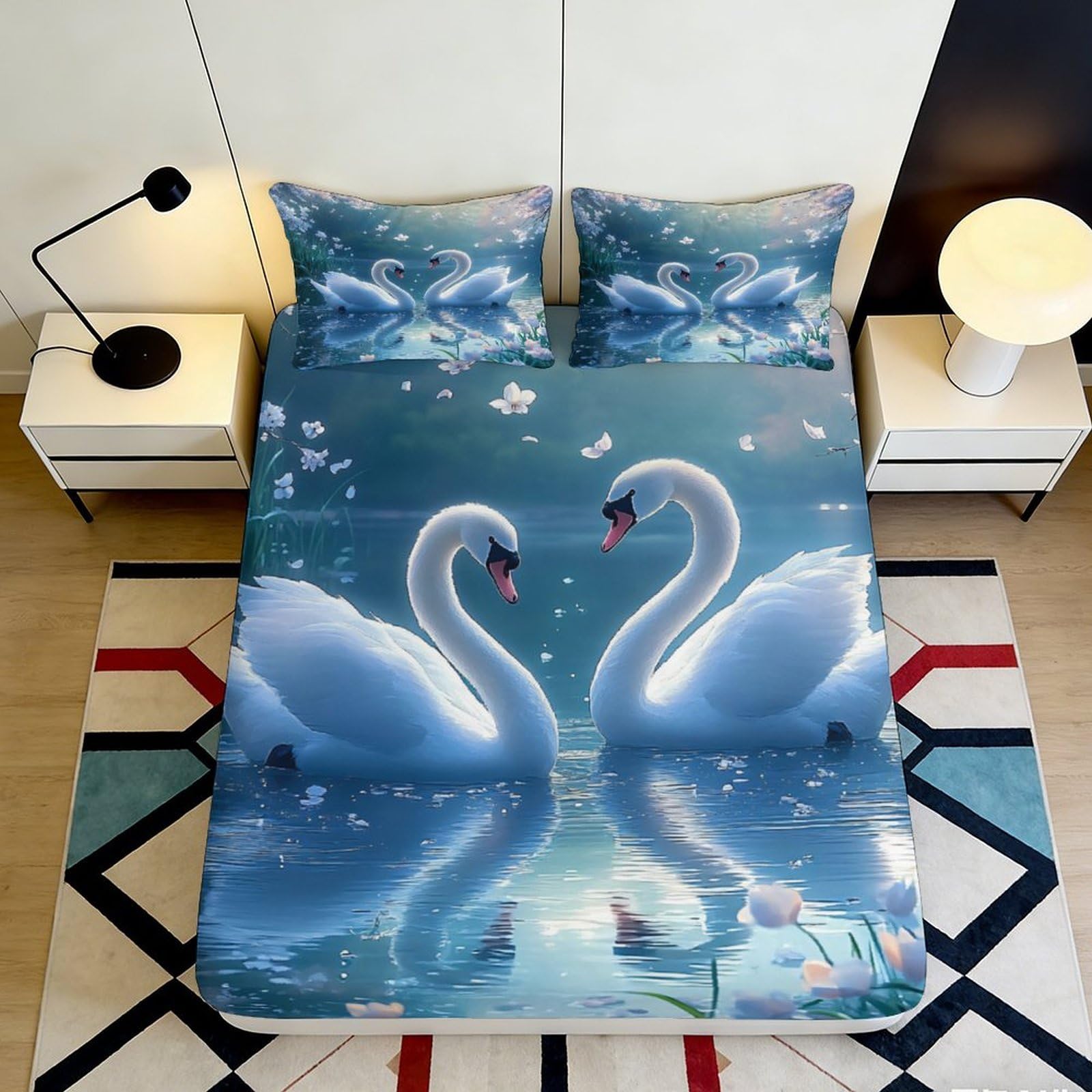 3D Printed Swan Lake Fitted Sheet Microfiber Soft Breathable Romantic Water Scene Bed Cover for Bedroom Dormitory Guest Room Mattress Protection Decor 200x200x25cm