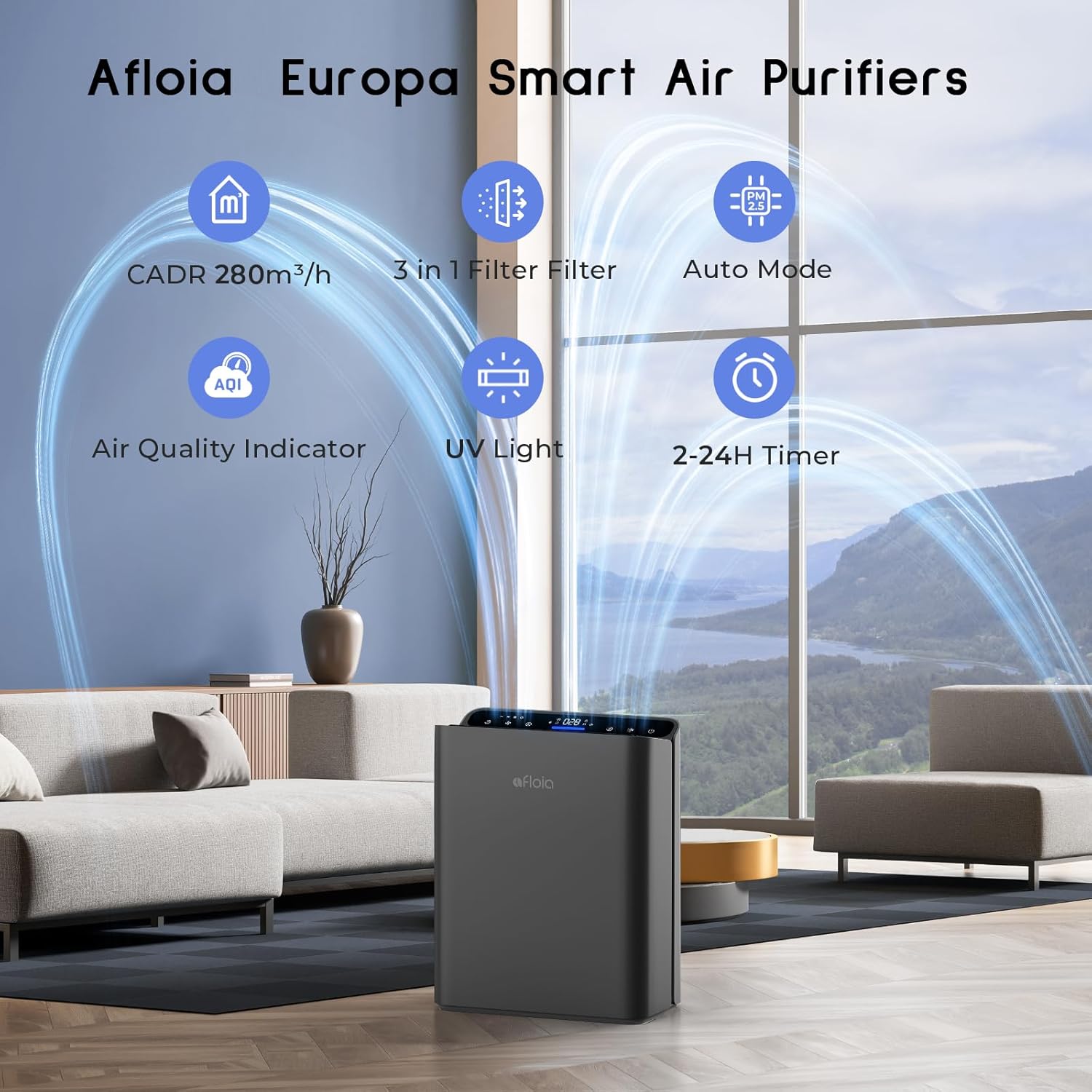 afloia air purifiers for bedroom - air purifiers for home large room up to 2000ft², 3-stage filter with laser air quality sensor for pets hair dander pollen allergies dust mold odor smoke, grey