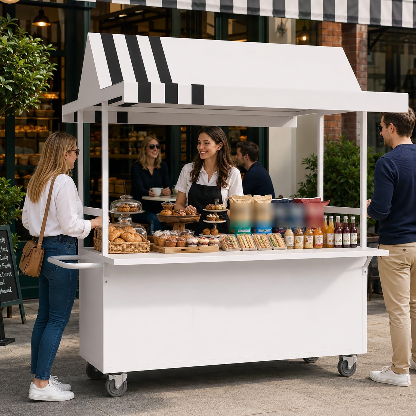 Stand de Marché Professionnel avec Auvent, Étal de Vente Mobile avec Roulettes, Présentoir de Marché avec Rangement, Stand pour Marché Extérieur et Stand de Restauration(White)