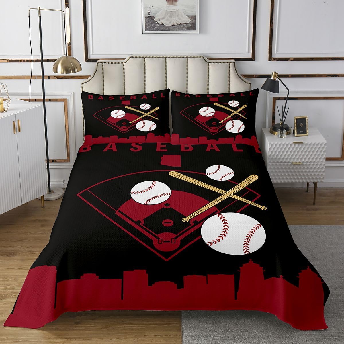 Erosebridal Baseball Bedspread Queen Size Softball Sports Boys Quilt Set Baseball Bat Coverlet Set for Kids Teens Adult Men City Building Black Red Bedding Sets